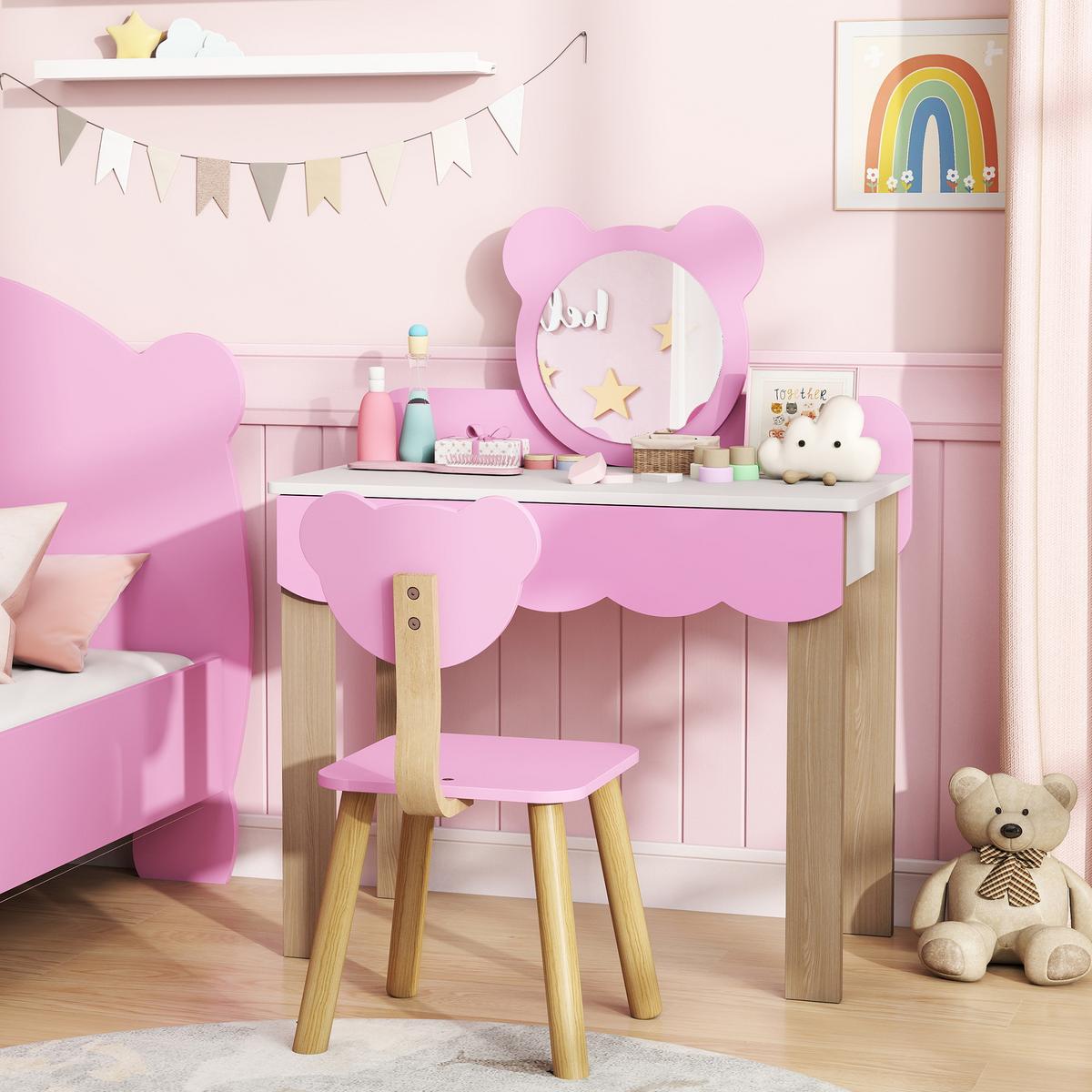 KINDER Schminktisch Set Frisiertisch mit Hocker Spiegel Schubladen Kosmetiktisch - Rosa/Naturfarben, Holzwerkstoff (35/86/68cm) - AIYAPLAY