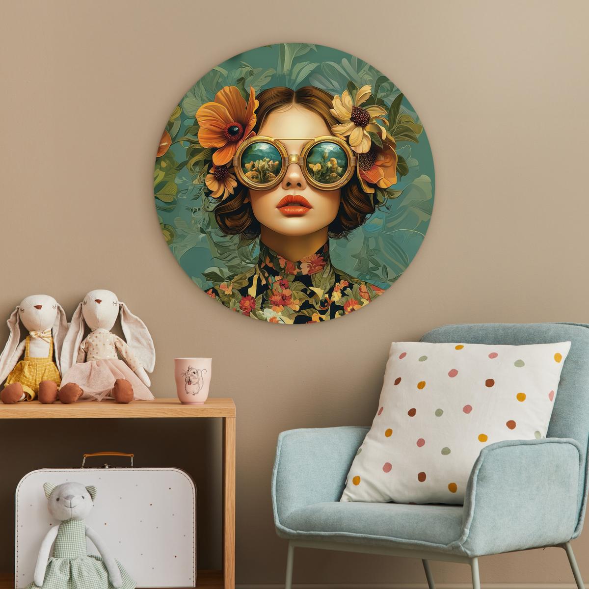 WANDBILD Frau - Blumen - Schmetterlinge - Natur - Vintage Wanddeko Schlafzimmer 60x60 cm - Petrol, Kunststoff (60/60cm) - MuchoWow