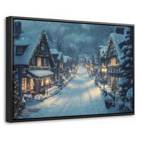 LEINWAND Bilder mit Rahmen - Weihnachtsdorf - Weihnachten - Schnee - Winter - 60x40 - Dunkelblau, Textil (60/40cm) - MuchoWow