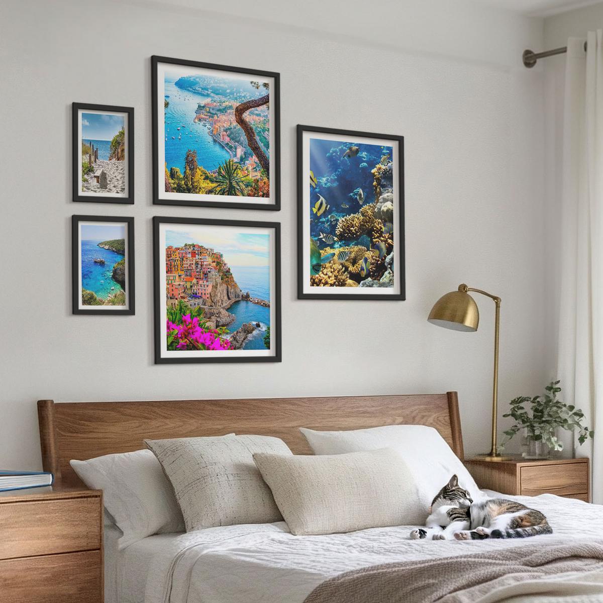 BILDER SET 5er Set - 50x50 cm & 20x30 cm & 40x60 cm Schwarzer Rahmen - Berglandschaften im Hintergrund - Schwarz, Kunststoff (40/60cm) - TULUP