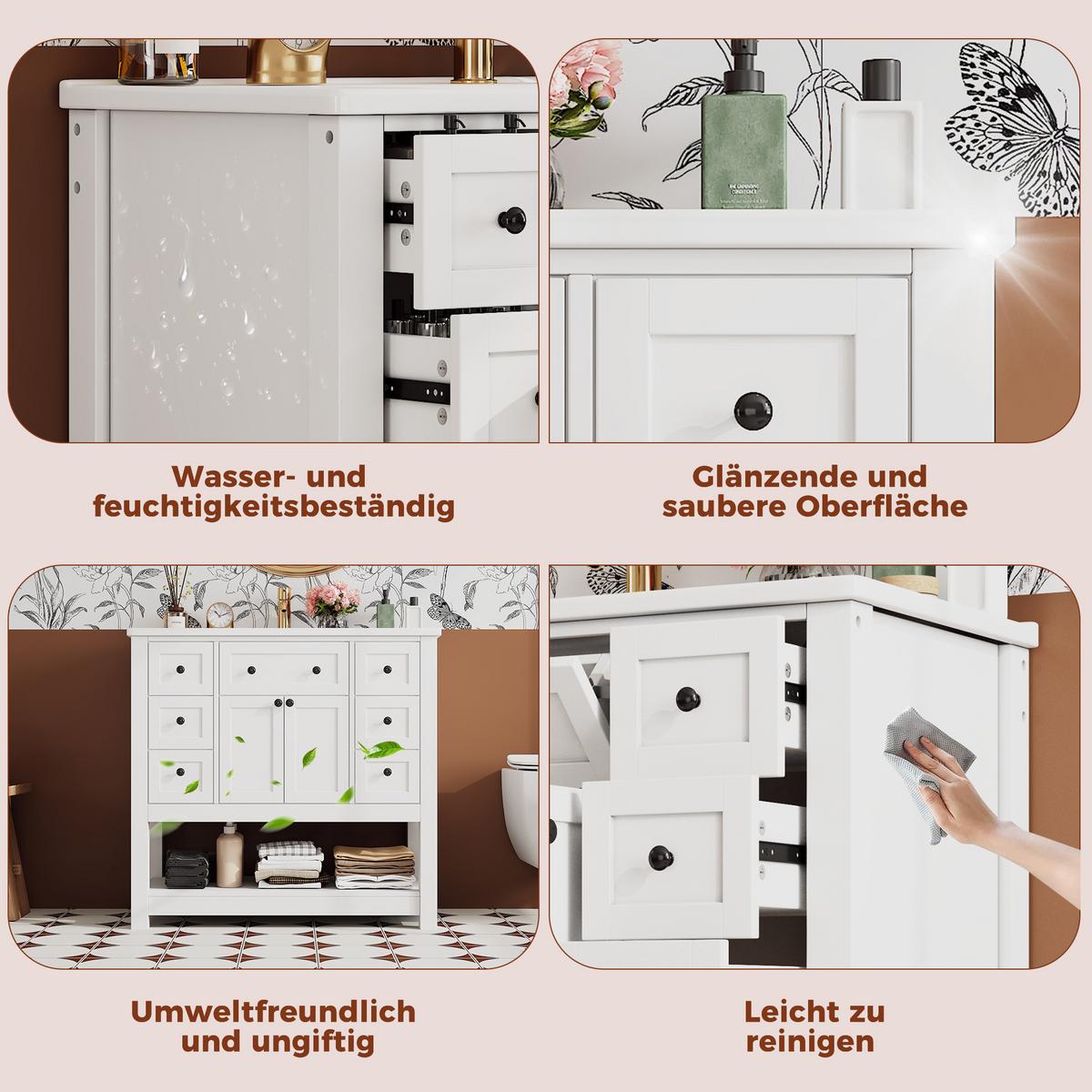 WASCHTISCH Freistehend Weiß mit Keramikbecken, 6 Schubladen & Regal - Weiß, Holzwerkstoff (91.5/90/46.5cm) - Urban Meuble