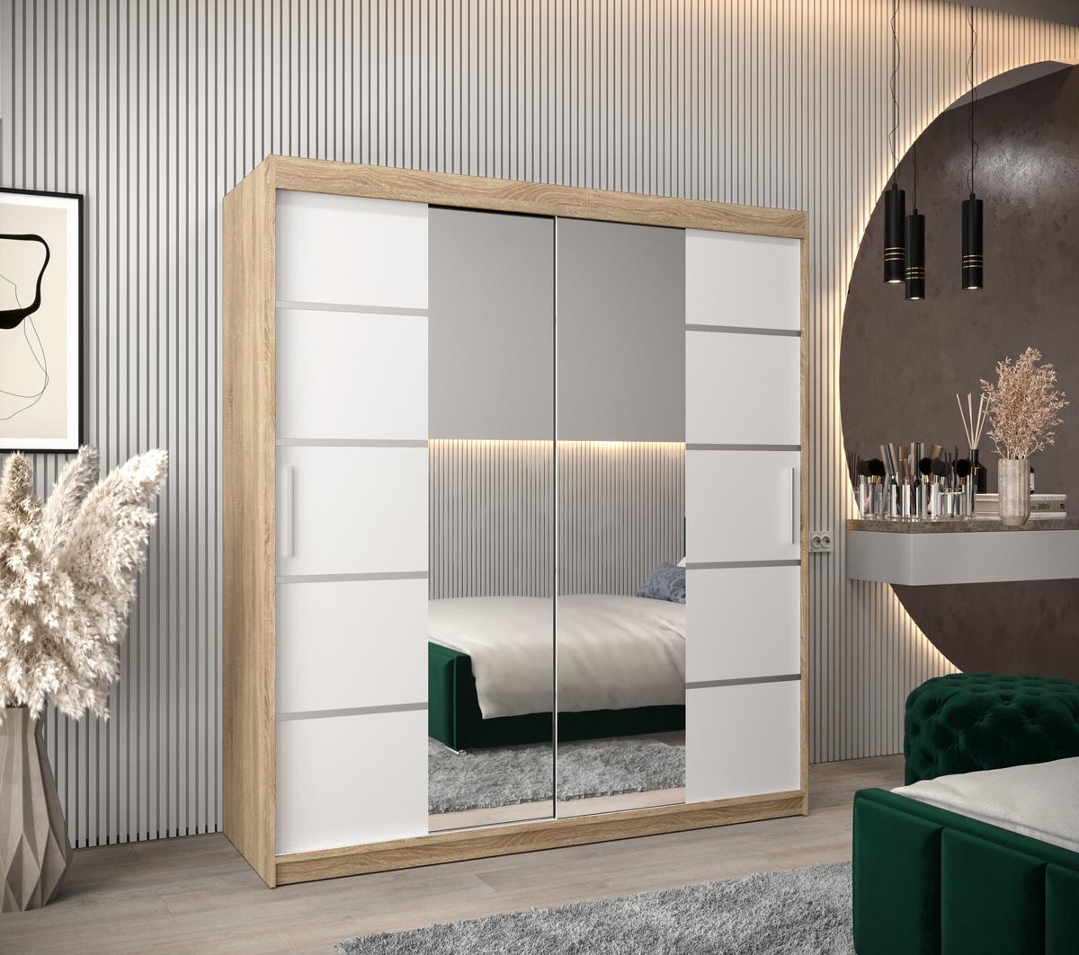 SCHWEBETÜRENSCHRANK 200/180/62 2-türig - Silberfarben/Weiß, Holz/Kunststoff (180/200/62cm) - MÖBEL KRYSPOL