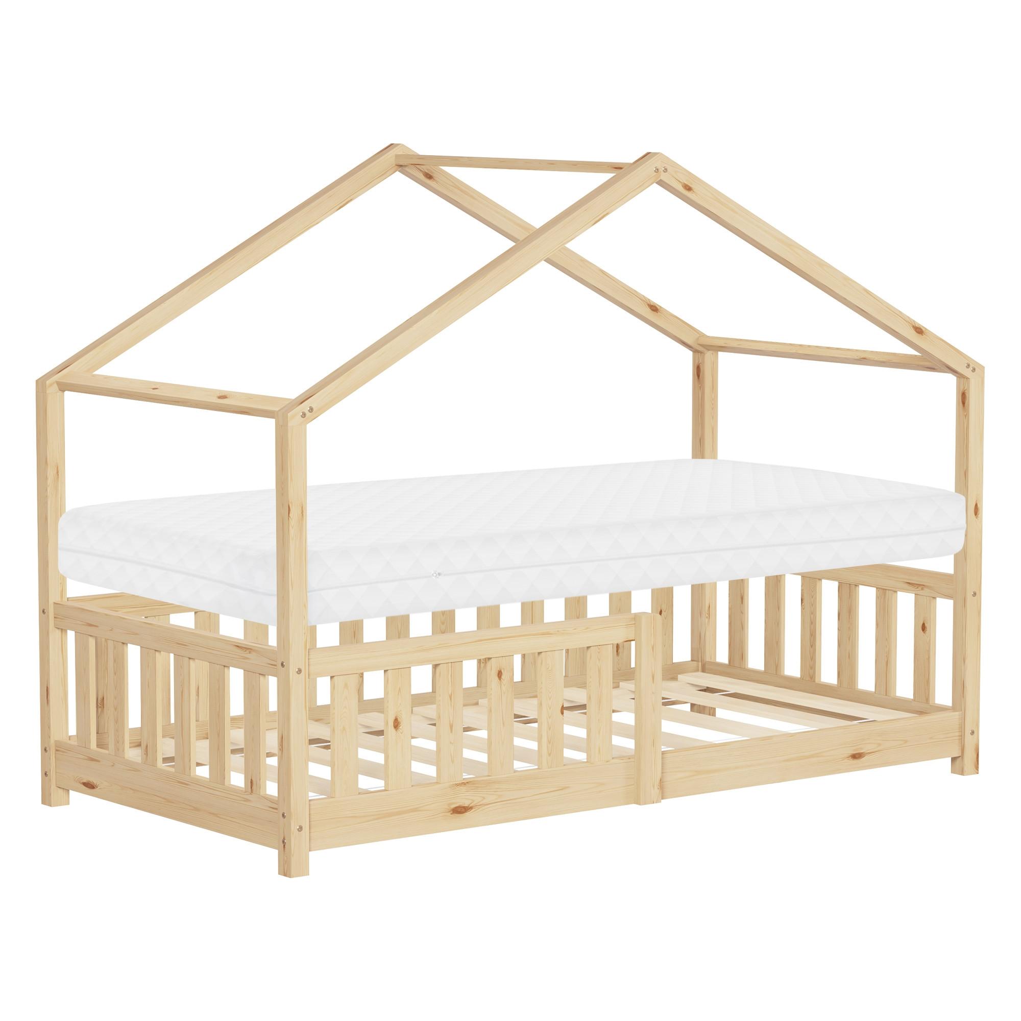 HAUSBETT mit Matratze 80x160 cm Natur aus Kiefernholz mit Rausfallschutz - Beige, Holz (80/160cm) - ML-DESIGN