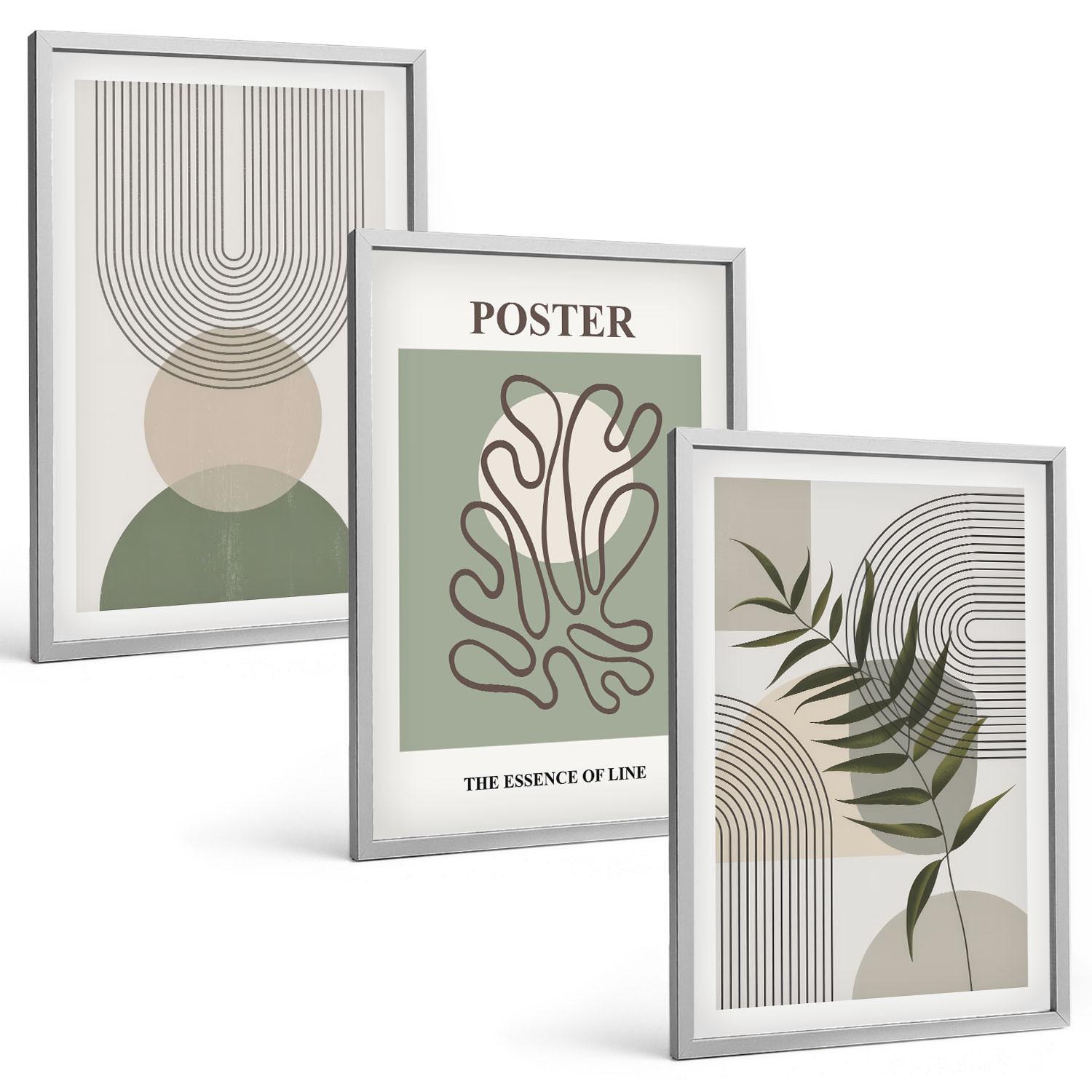 BILDER SET 3er Set - 40x60 cm Silberner Rahmen - Geometrische botanische Muster - Silberfarben, Kunststoff (40/60cm) - TULUP