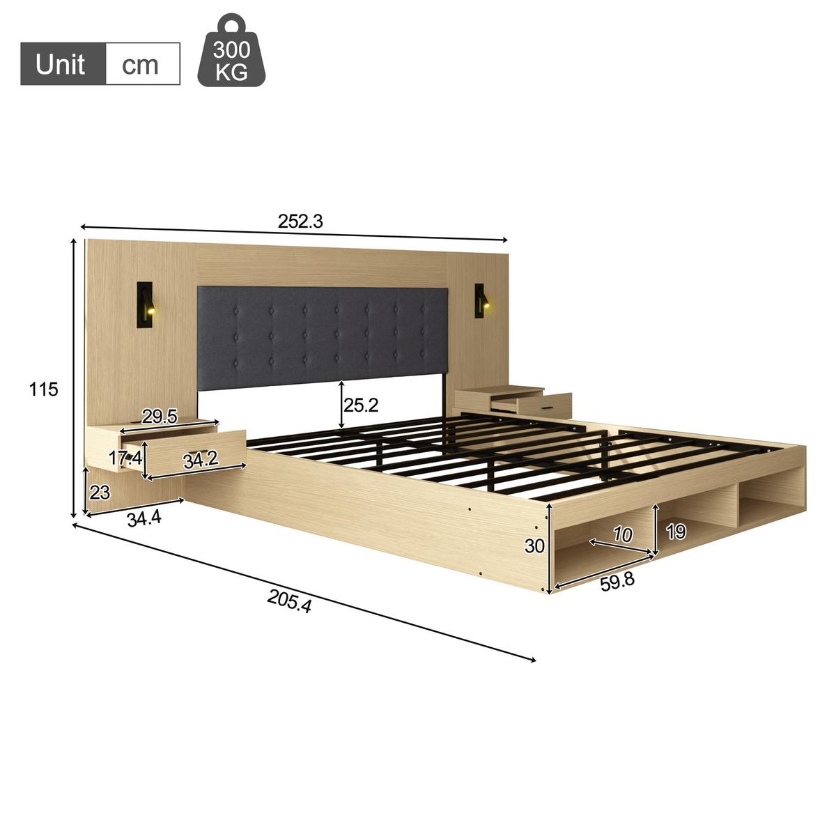 DOPPELBETT 180x200 Helle Eiche mit Stauraum, USB, Leselampe & 2 Nachttischen - Eichefarben, Holzwerkstoff (180/200cm) - Urban Meuble