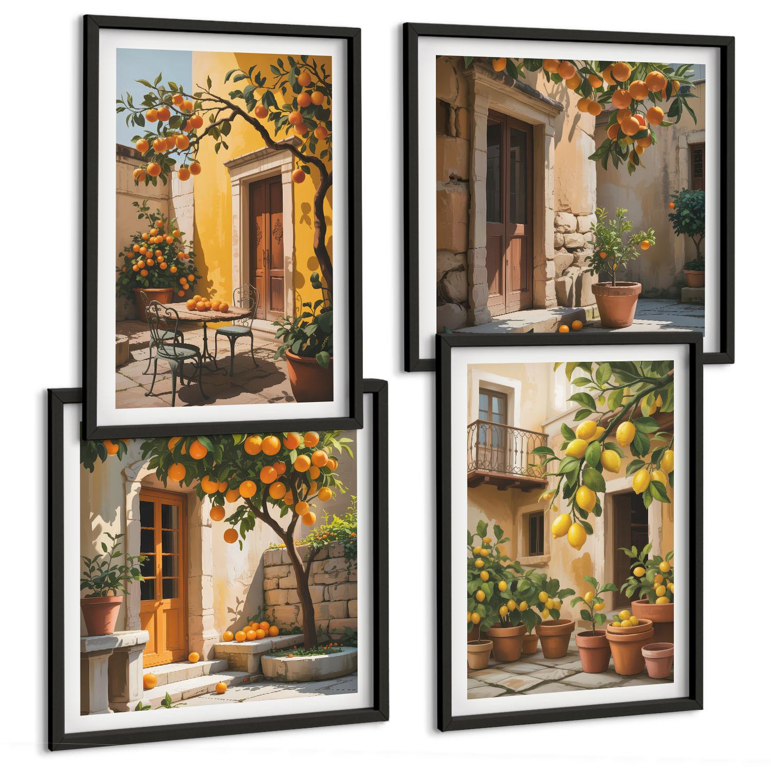 BILDER SET 4er Set - 50x50 cm & 40x60 cm Schwarzer Rahmen - Zitrusfrüchte in der Sonne - Schwarz, Kunststoff (50/50cm) - TULUP