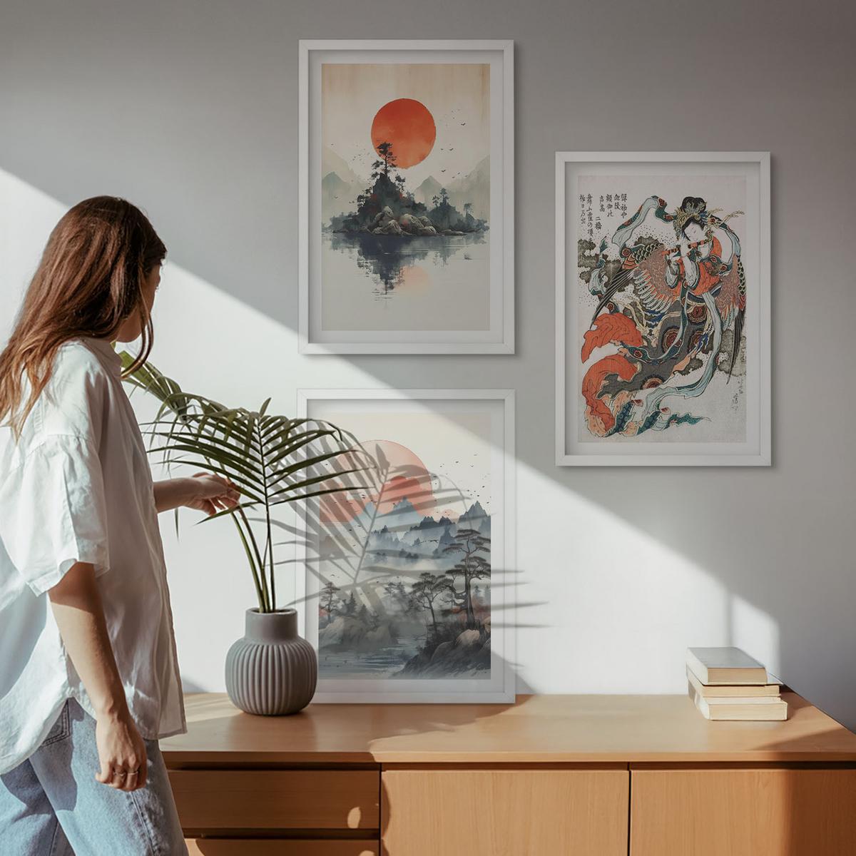 BILDER SET 3er Set - 40x60 cm Weißer Rahmen - Asiatische Japandi-Malereien - Weiß, Kunststoff (40/60cm) - TULUP