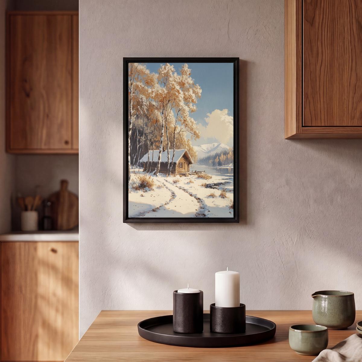 LEINWAND Bilder mit Rahmen - Winter - Schnee - Zuhause - Natur - 20x30 - Hellbraun, Textil (20/30cm) - MuchoWow