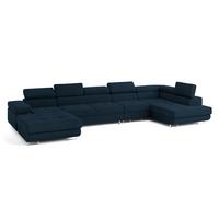 WOHNLANDSCHAFT VELORA R-S Blau Velours-Stoff mit Schlaffunktion - Blau, Holz (419/90/202cm) - MASSENO
