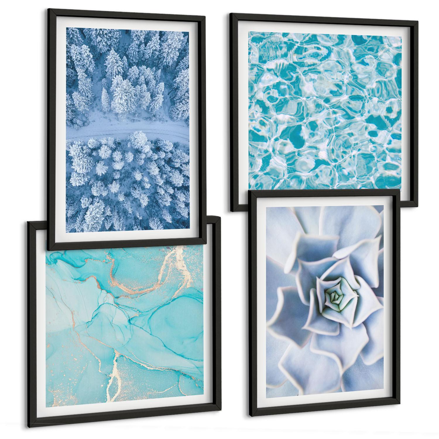 BILDER SET 4er Set - 50x50 cm & 40x60 cm Schwarzer Rahmen - Winterwald-Blaublume - Schwarz, Kunststoff (50/50cm) - TULUP