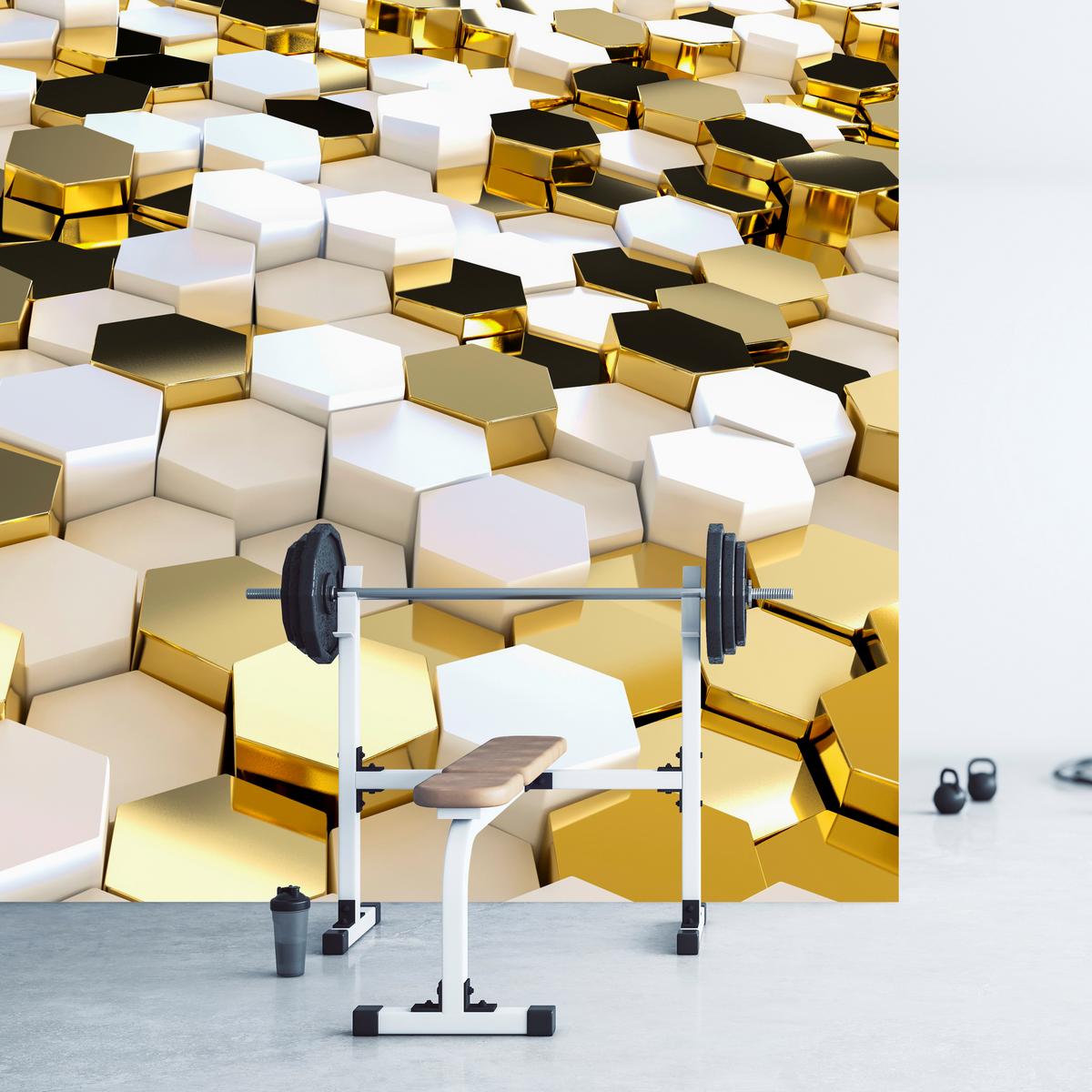 FOTOTAPETE für Büro Futuristisch Goldene Hexagone Formen Geometrie 350x256 - Gelb/Goldfarben, Papier (350/256cm) - Muralo
