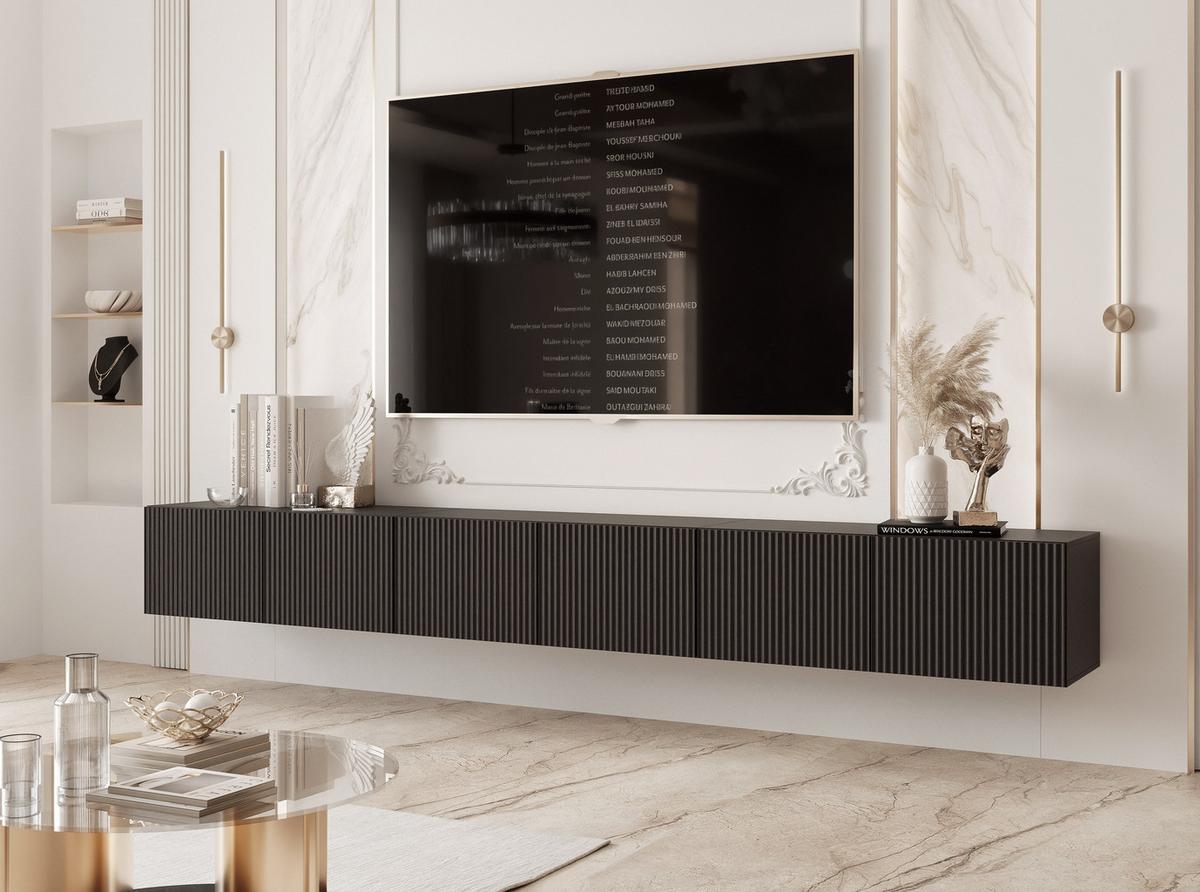 TV-HÄNGESCHRANK ANGEL 300 cm, geriffelte Front, LED-Beleuchtung, Schwarz - Schwarz, Holzwerkstoff (300/36/40cm) - Idohome