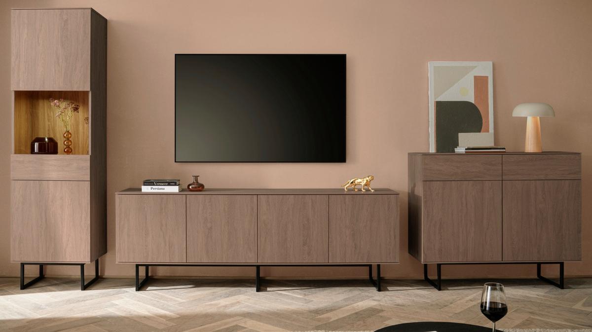 WOHNWAND in Nussbaum 3-teilig 400 cm, Komplett-Set mit Push-to-Open - Nussbaumfarben/Schwarz, Glas/Holzwerkstoff (400/200/40cm) - Furn.Design
