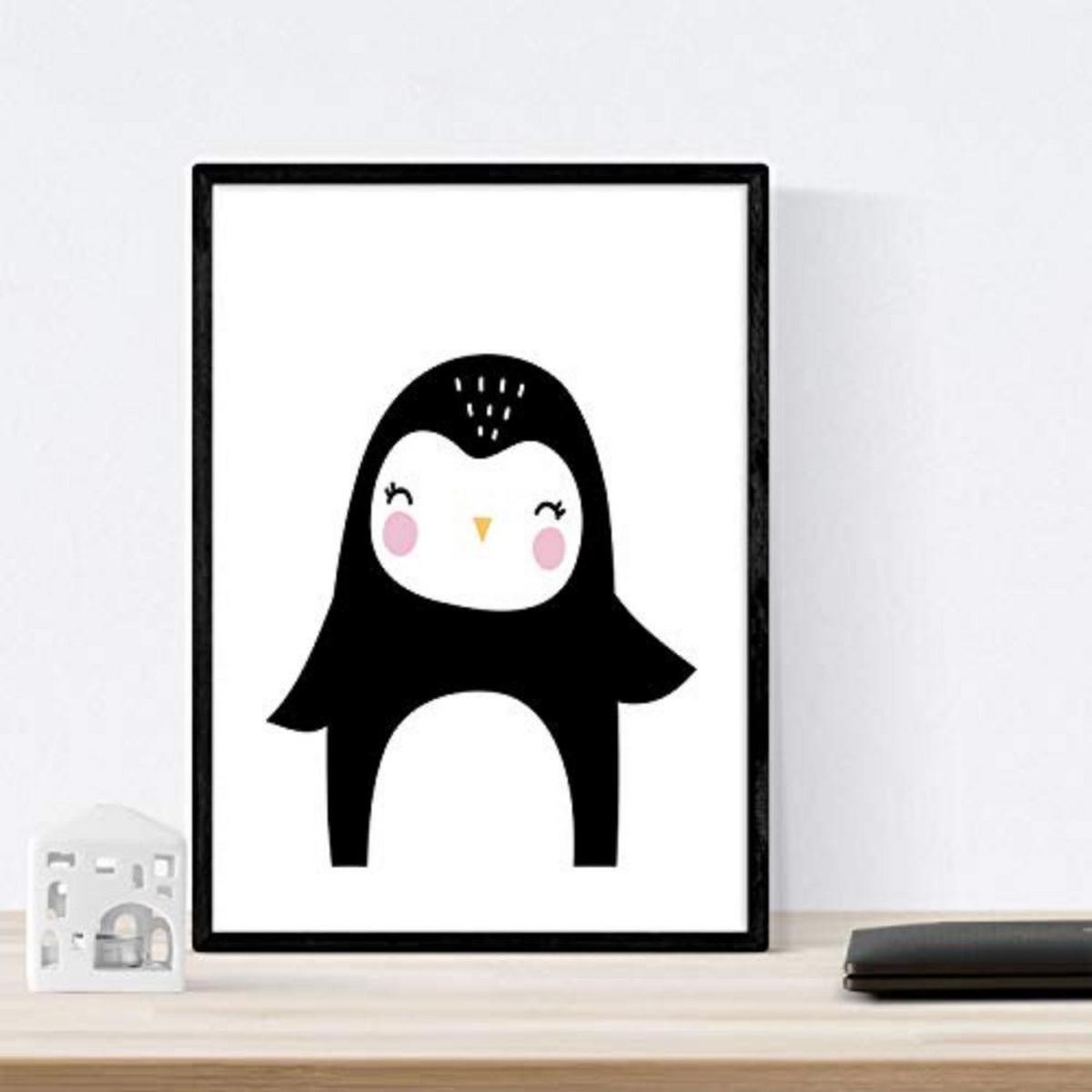 POSTER Set mit 4 Rabbit und Pinguine Tiere A4 Schwarzer Rahmen - Schwarz, Papier (29.7/3cm) - Nacnic
