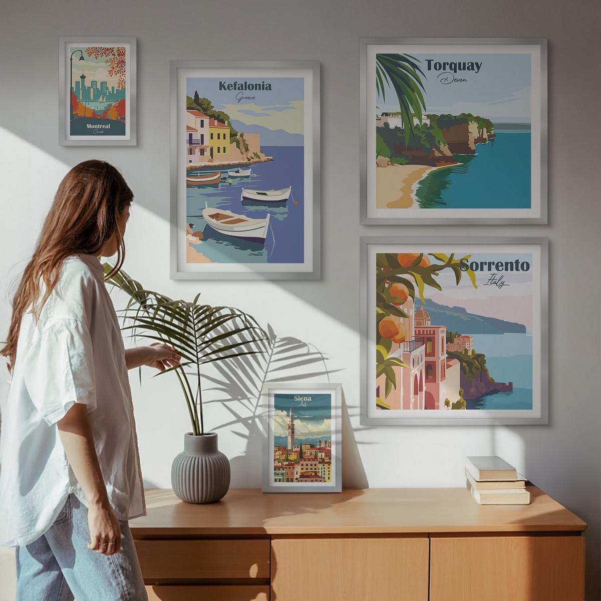 BILDER SET 5er Set - 50x50 cm & 20x30 cm & 40x60 cm Silberner Rahmen - Retro-Illustrationen berühmter Orte - Silberfarben, Kunststoff (40/60cm) - TULUP