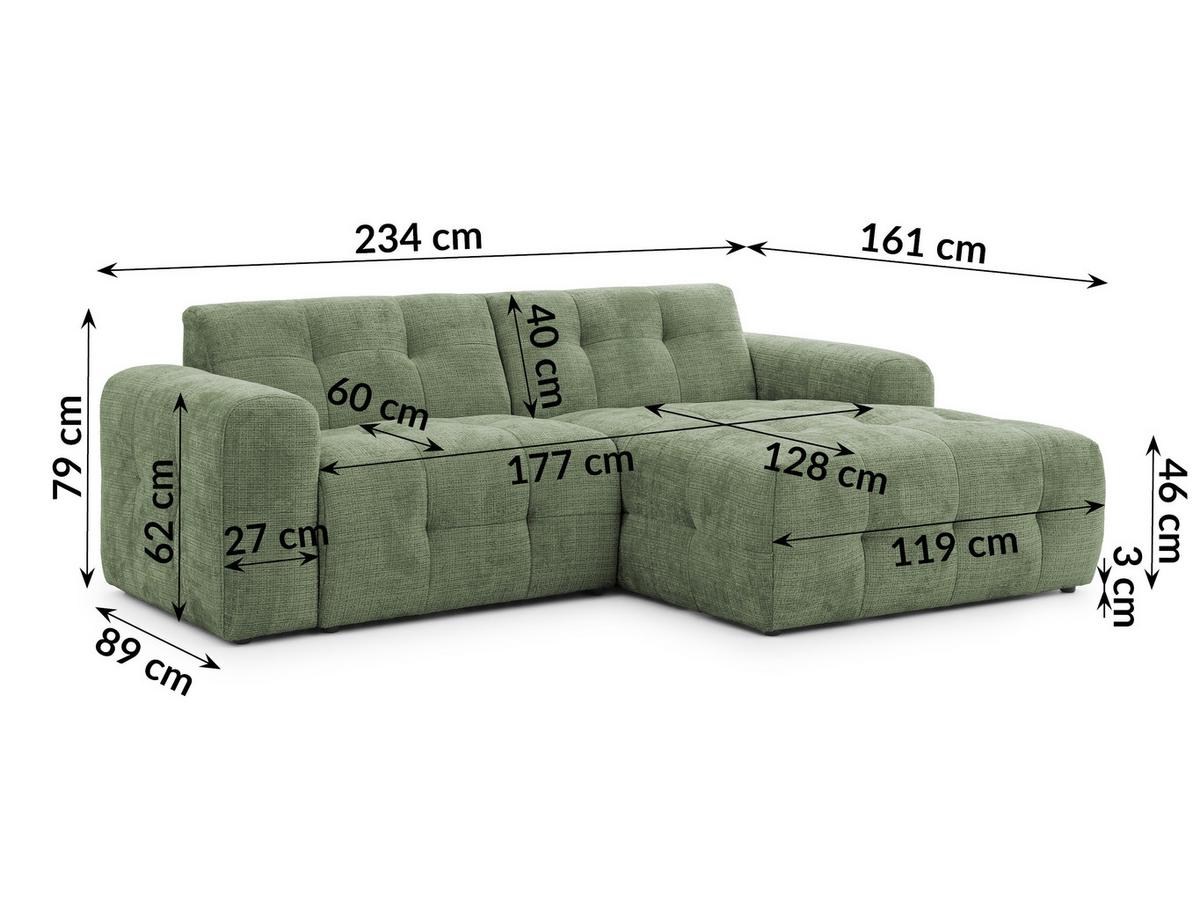 ECKSOFA inkl. Hocker Kozy im Bumpy-Design mit Schlaffunktion und fester Rückenlehne aus weichem Grün Chenille-Stoff - Ottomane rechts - Schwarz/Grün, Holz/Kunststoff (234/161cm) - S-Style Möbel