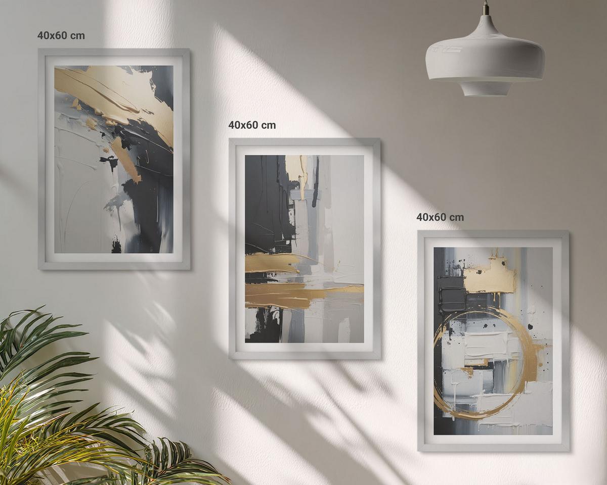 BILDER SET 3er Set - 40x60 cm Silberner Rahmen - Abstrakte Schwarz-Weiß-Malerei - Silberfarben, Kunststoff (40/60cm) - TULUP