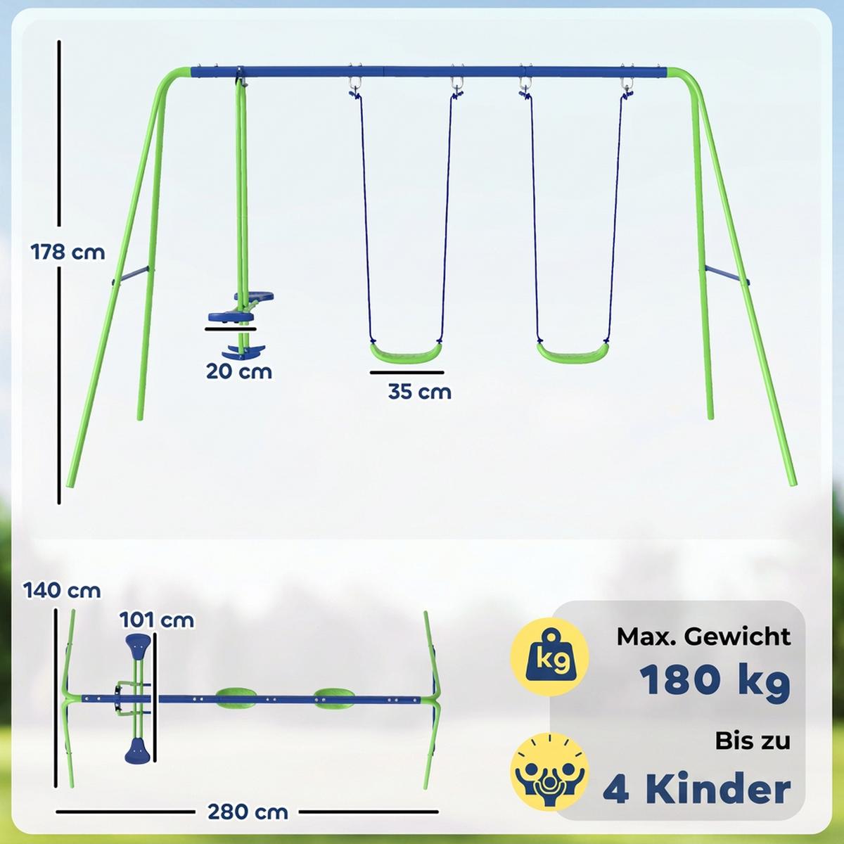 SCHAUKELGESTELL, Outdoor-Schaukelgerüst mit 2 Schaukeln, 1 Wippe, Grün - Grün, Metall (140/280cm) - Outsunny