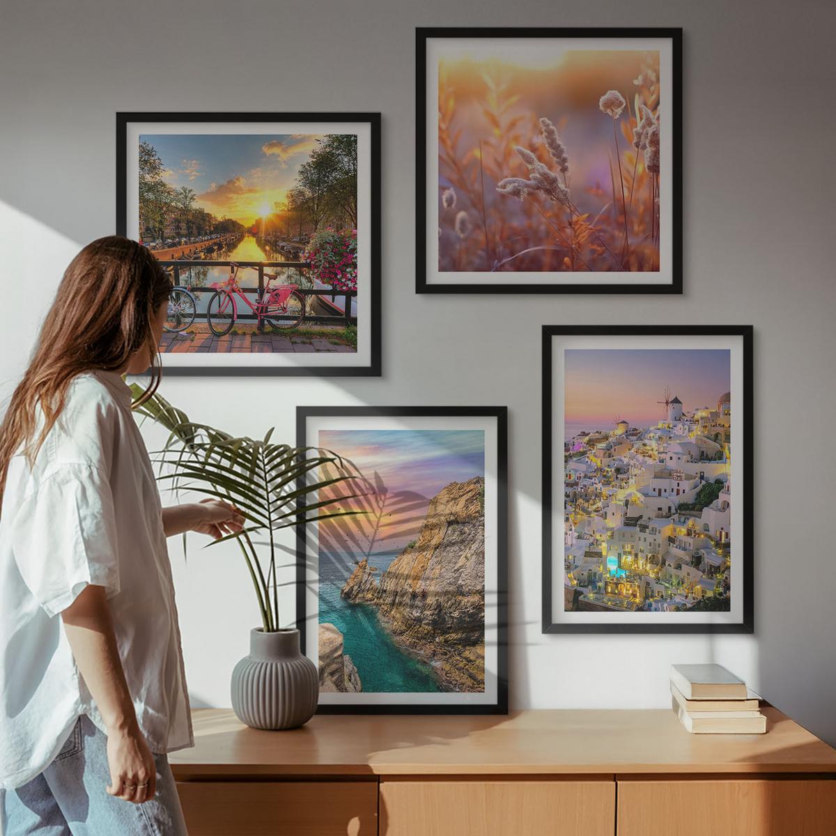BILDER SET 4er Set - 50x50 cm & 40x60 cm Schwarzer Rahmen - Sonnenuntergänge am Meer - Schwarz, Kunststoff (50/50cm) - TULUP