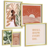 BILDER SET 5er Set - 50x50 cm & 20x30 cm & 40x60 cm Goldrahmen - abstrakte Formen im Boho-Stil - Goldfarben, Kunststoff (40/60cm) - TULUP