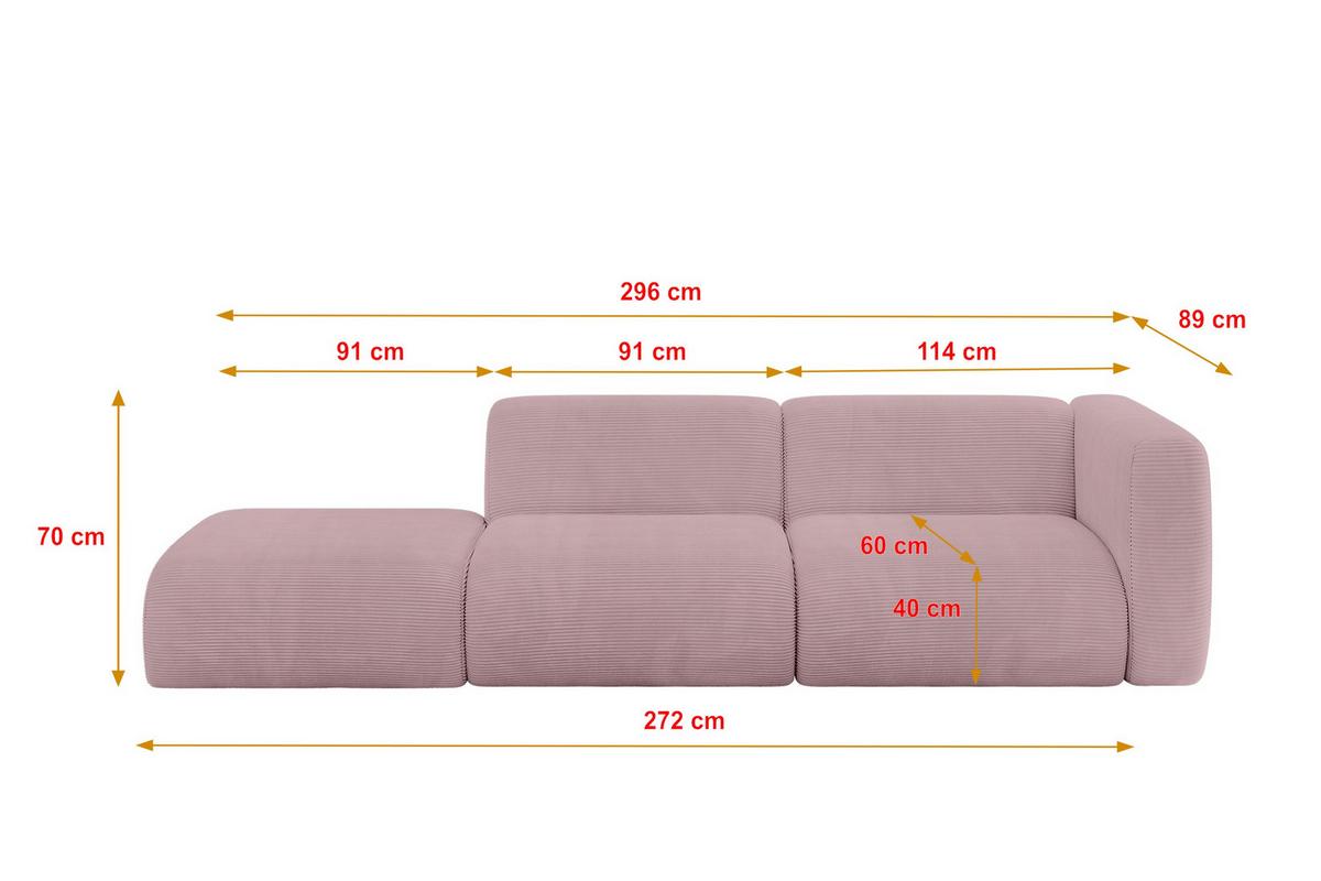 SOFA Ottomane Rechts MIRA-S3 296x89x70 Rosa Cord - Schwarz/Rosa, Holzwerkstoff/Kunststoff (296/70/89cm) - ALTDECOR