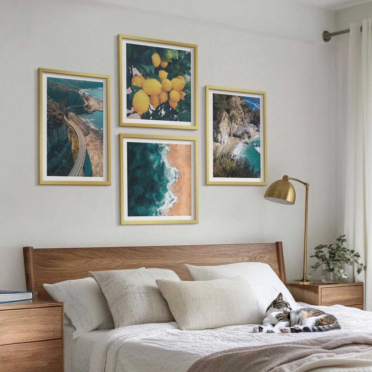 BILDER SET 4er Set - 50x50 cm & 40x60 cm Goldrahmen - Meerstrand Zitronen Berge - Goldfarben, Kunststoff (50/50cm) - TULUP