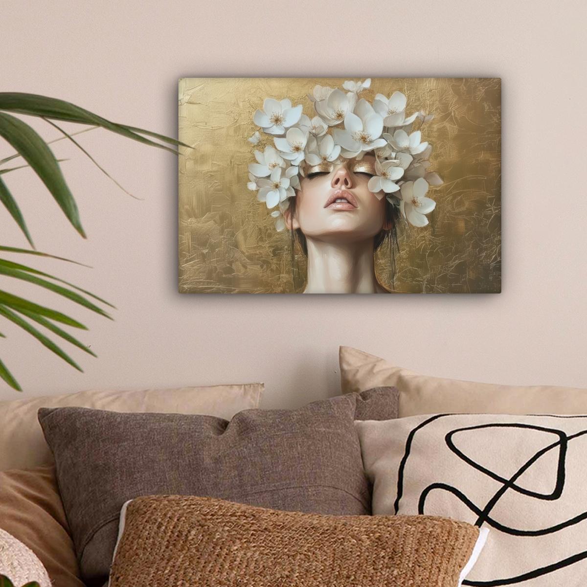 LEINWANDBILD Gesicht - Blumen - Gold - Abstrakt Deko Schlafzimmer 30x20 cm - Goldfarben, Textil (30/20cm) - MuchoWow