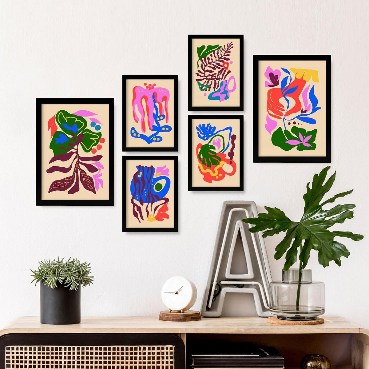POSTER Set Mit 6 Malerisch 2 In Blume Zusammenfassung Ästhetische Dekorative Gemälde Für Ihr Wohnzimmer Schlafzimmer Zuhause A3 & A4 Schwarzer Rahmen - Schwarz, Papier (29/3cm) - Nacnic