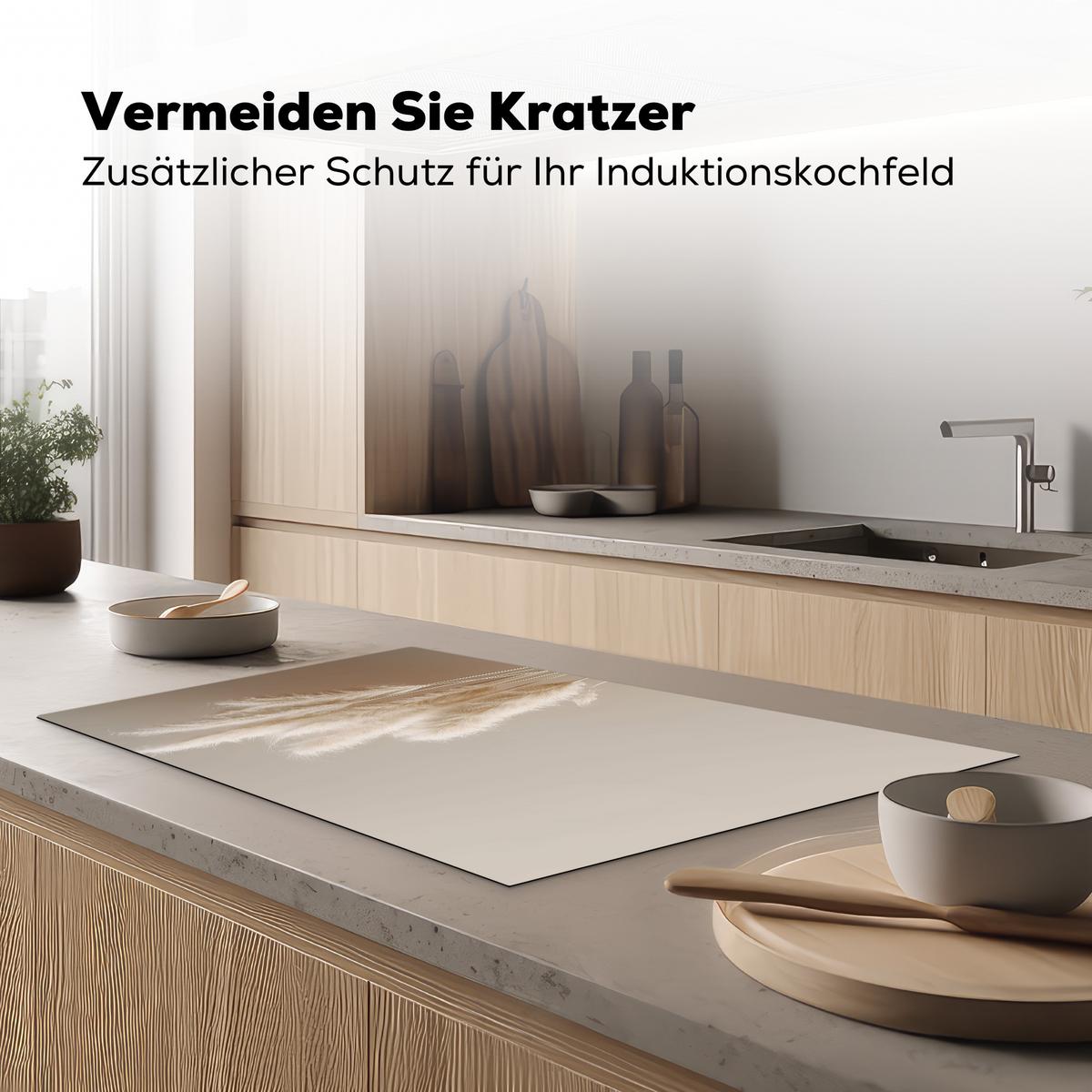 HERDABDECKPLATTE Pampasgras - Federn - Pastell - Weiß Ceranfeldabdeckung 85x52 cm - Creme, Kunststoff (85/52/0.2cm) - MuchoWow