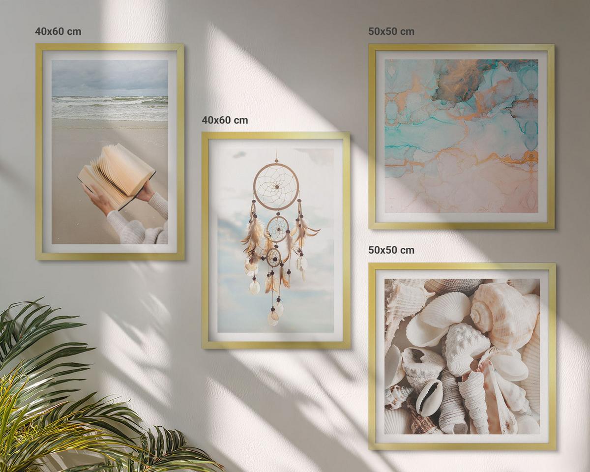 BILDER SET 4er Set - 50x50 cm & 40x60 cm Goldrahmen - Boho-Buch mit Muscheln - Goldfarben, Kunststoff (50/50cm) - TULUP