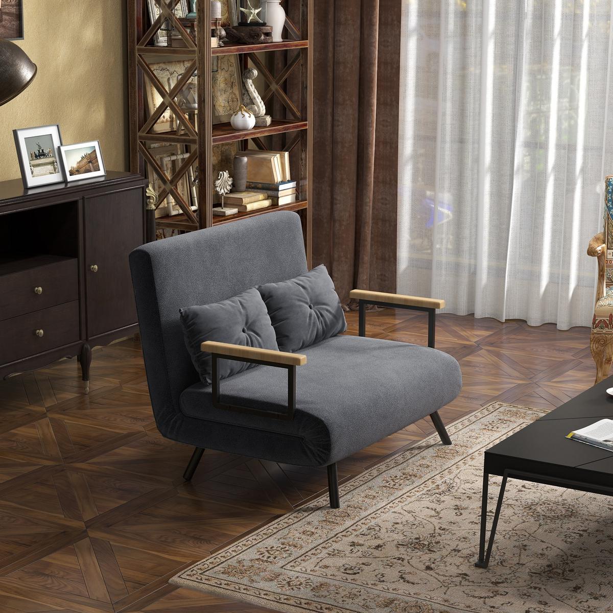 SCHLAFSOFA, Zweisitzer mit Bettfunktion, Schlafcouch mit Samtoptik, Rückenkissen - Dunkelgrau/Schwarz, Holz/Textil (73/81/102cm) - HOMCOM