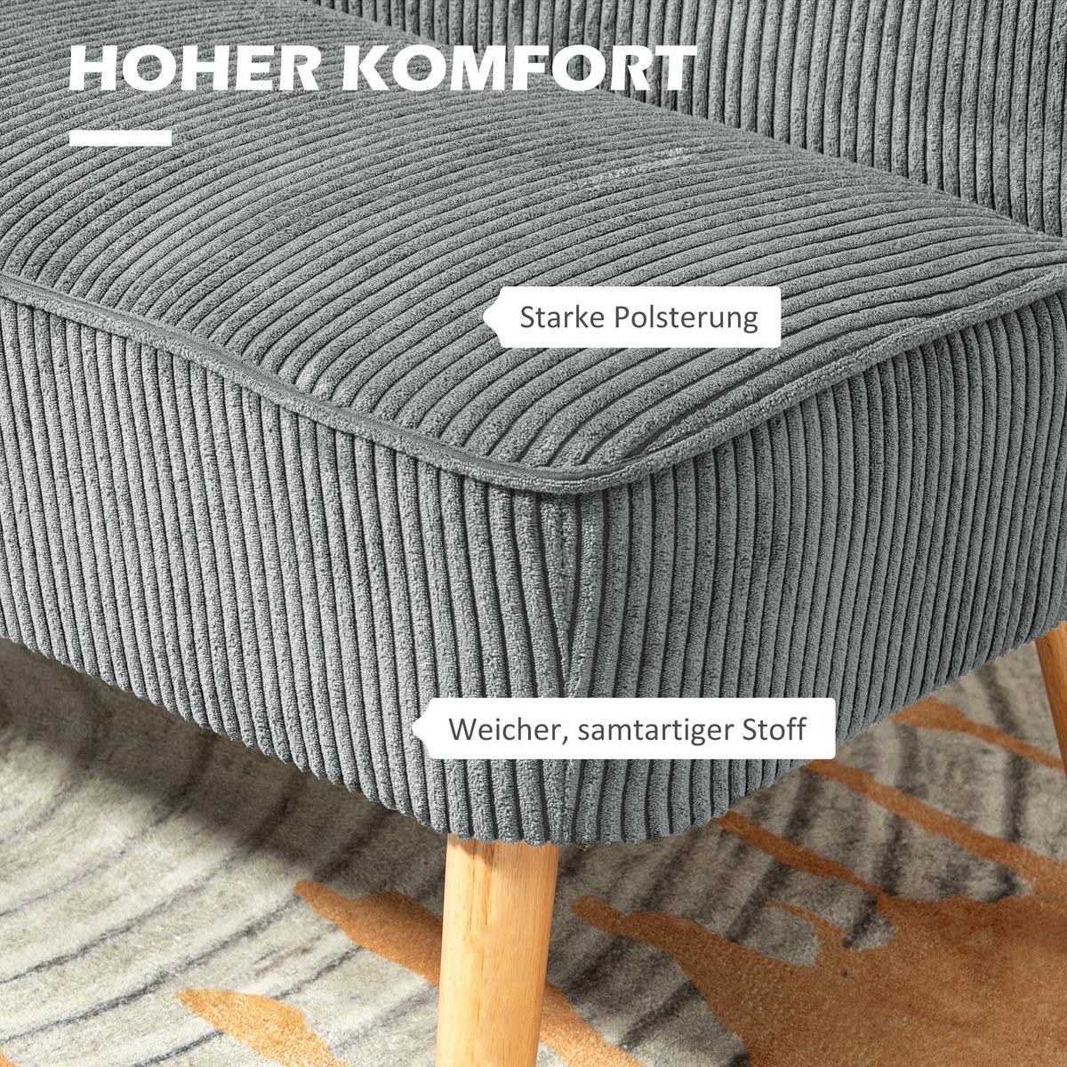 2 Sitzer Sofa, Gepolsterte Couch mit Kordoptik, Holzbeine für Wohnzimmer, Grau - Hellgrau/Naturfarben, Holz/Textil (56.5/77/117cm) - HOMCOM