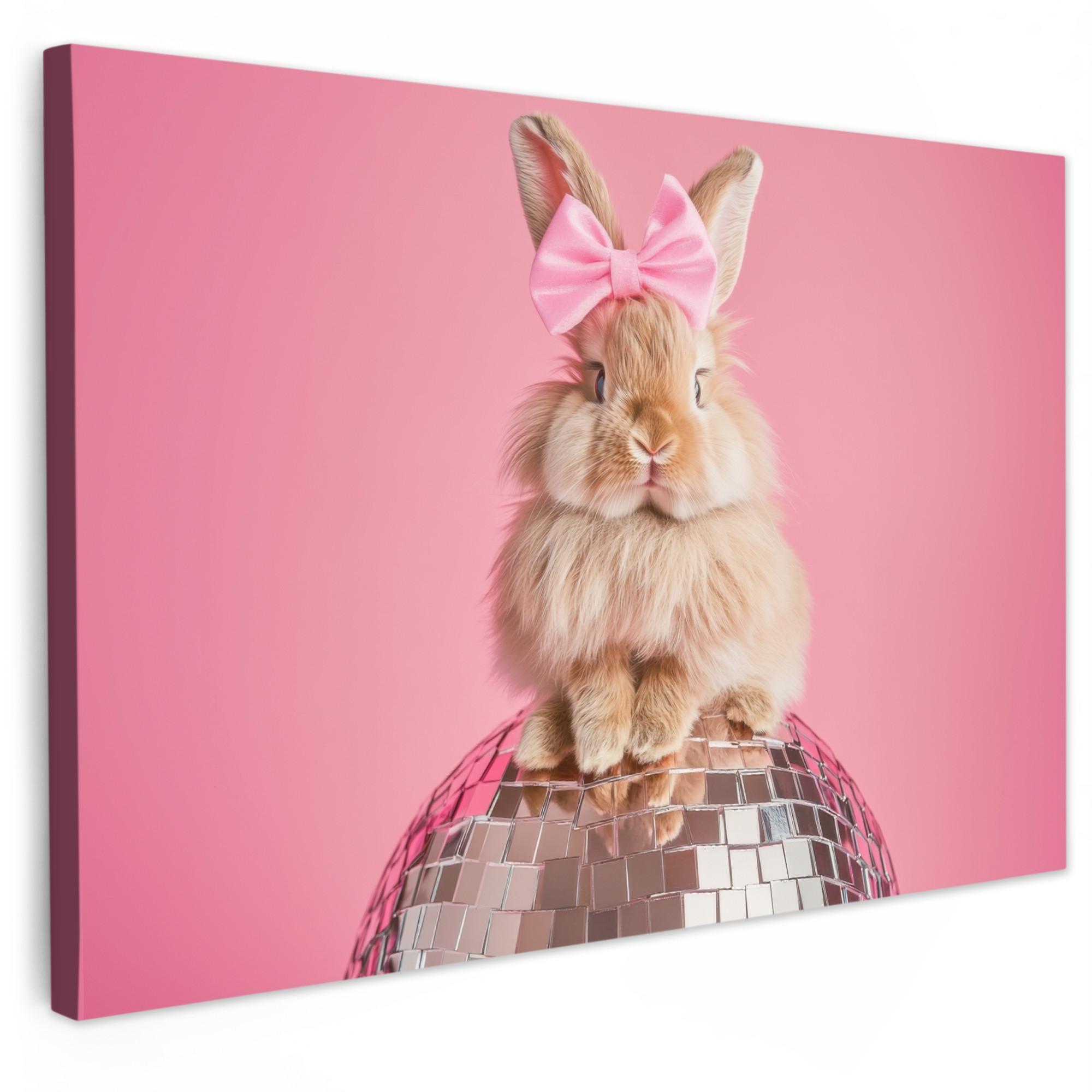 LEINWANDBILD Schleife - Discoball - Kaninchen Wanddeko 90x60 cm - Pink, Textil (90/60cm) - MuchoWow