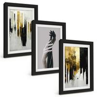 BILDER SET 3er Set - 20x30 cm Schwarzer Rahmen - Abstrakte handgemalte Muster - Schwarz, Kunststoff (20/30cm) - TULUP