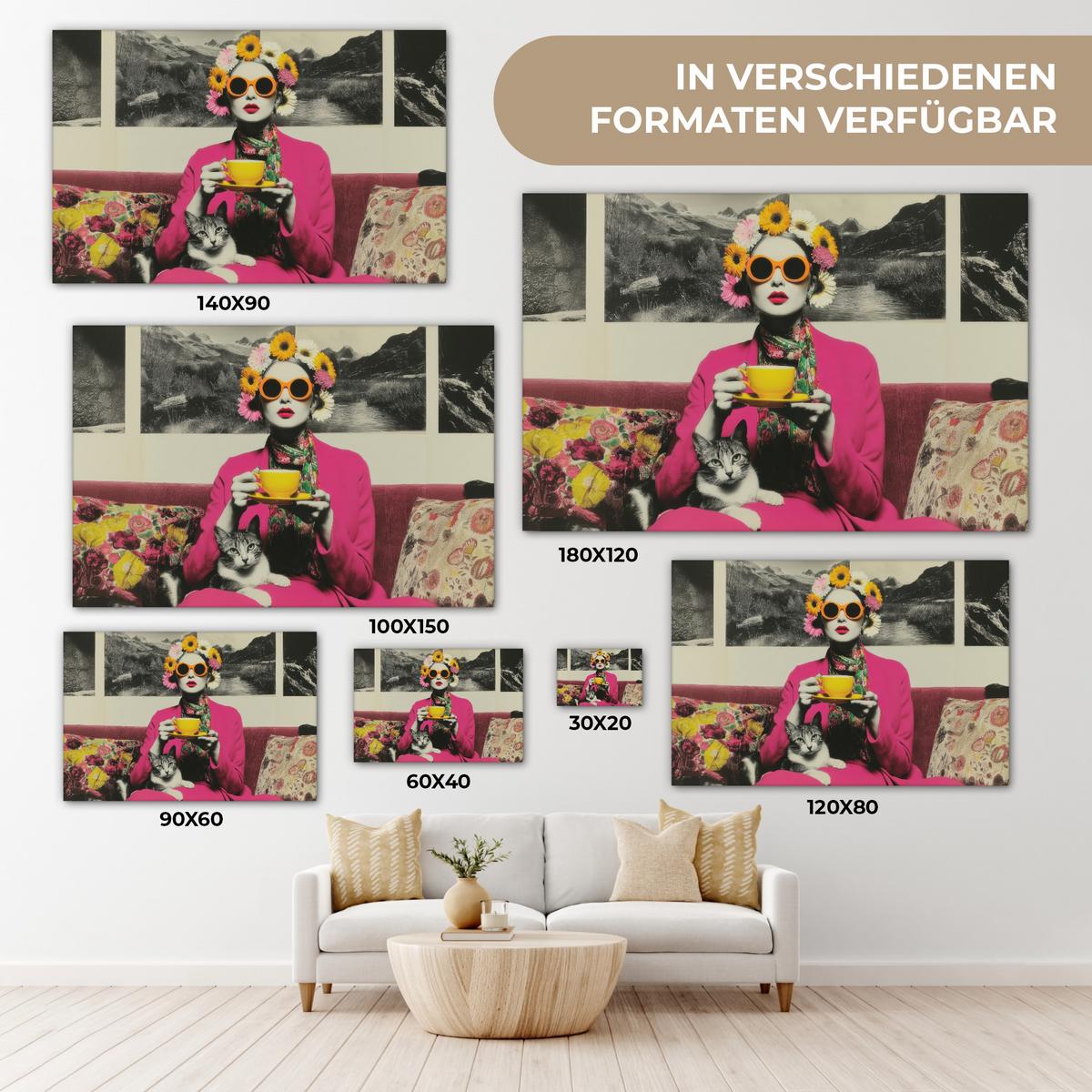 LEINWANDBILD Frau - Katze - Blumen - Tasse - Retro Gemälde 60x40 cm - Magenta, Textil (60/40cm) - MuchoWow