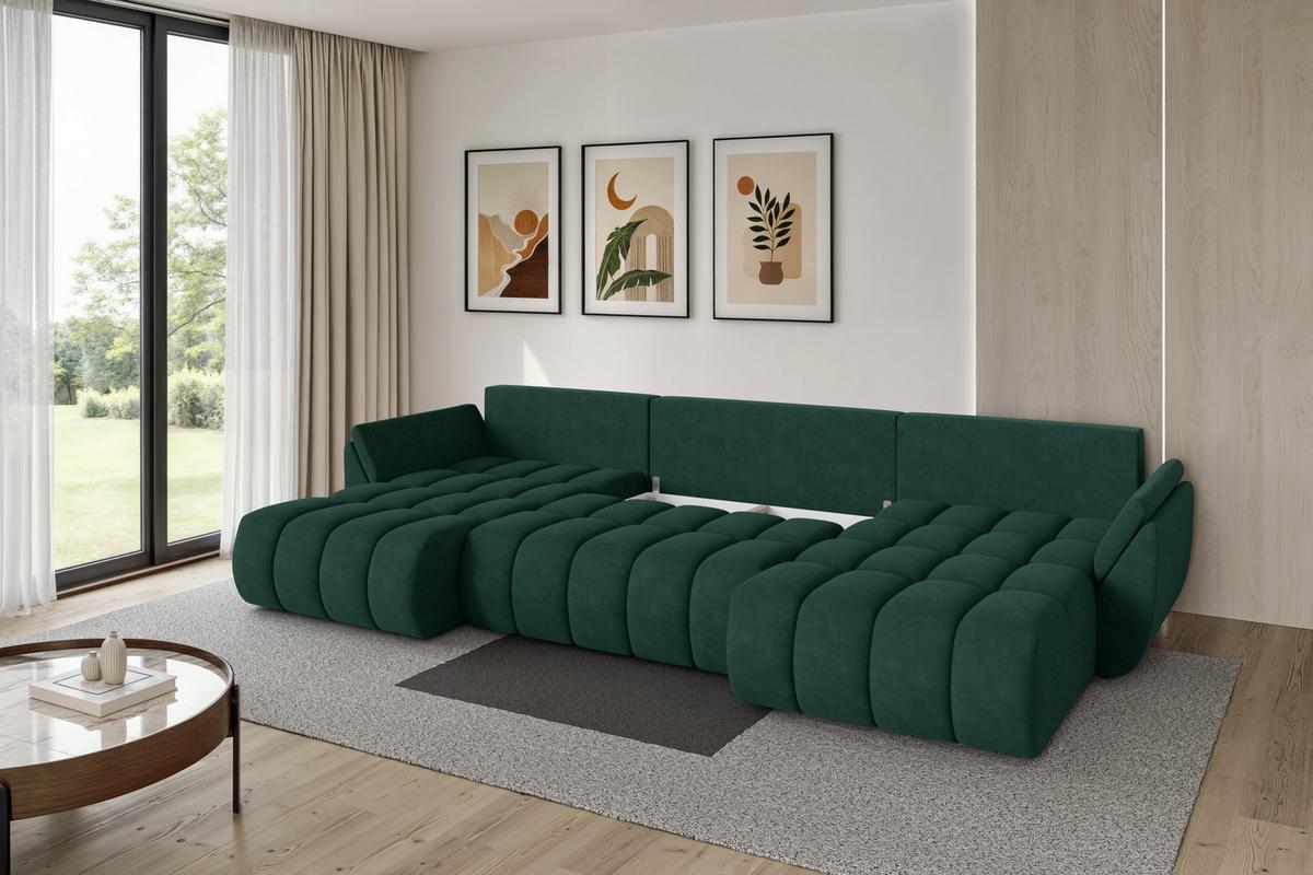 WOHNLANDSCHAFT mit Schlaffunktion und Bettkasten TOKO-U-v1 378x194x86 Grün Velours - Schwarz/Grün, Holzwerkstoff/Kunststoff (378/86/194cm) - ALTDECOR