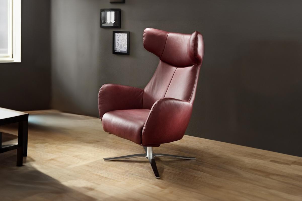DREHSESSEL MIT WIPPFUNKTION RANDY Rot Leder Drehbar (180°) - Rot/Silberfarben, Leder (79/117/96cm) - KAWOLA