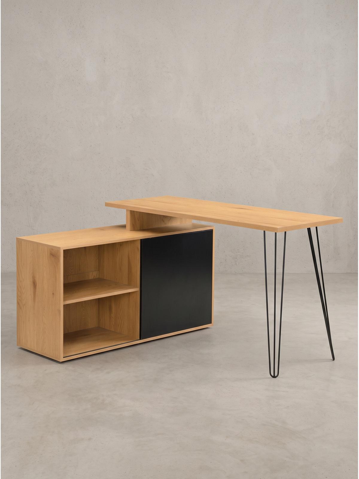 SCHREIBTISCH BRADANO, MDF, mit Ablagen, Eiche-Schwarz, 130 x 110 x 74,5 cm - Schwarz/Braun, Holzwerkstoff/Metall (110/130/74.5cm) - KADIMA DESIGN