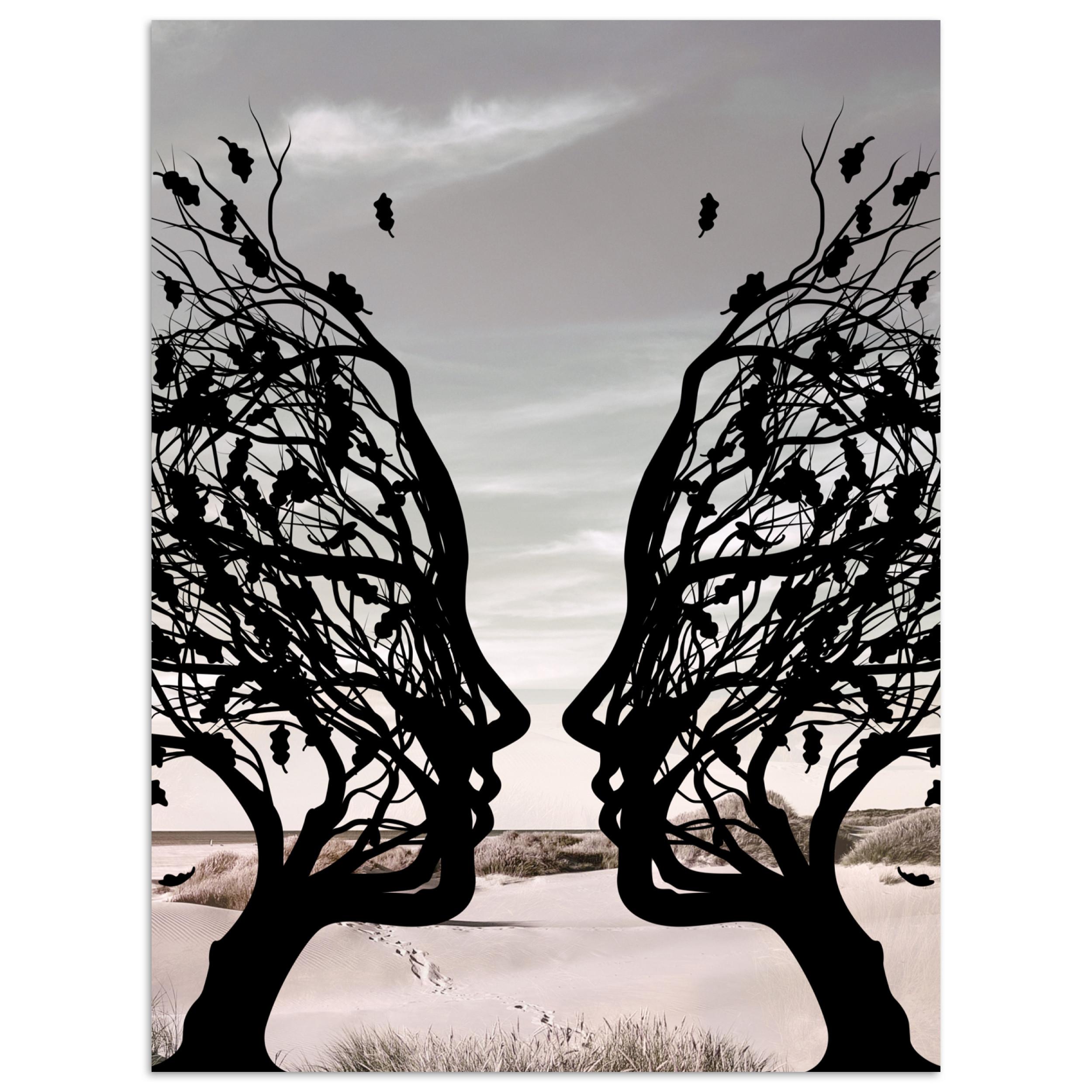 POSTER Strand - Meer - Menschen - Baum - Moderne Kunst Deko Wohnzimmer 60x80 cm - Hellgrau, Papier (60/80/0.1cm) - MuchoWow
