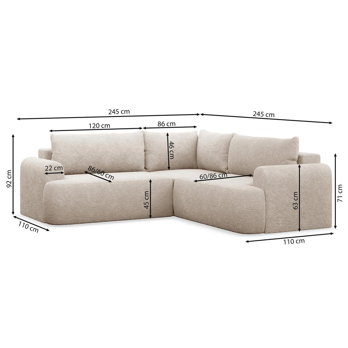 ECKSCHLAFSOFA Ovo HELLBEIGER VELOURSSTOFF universell MIT BETTKASTEN - Ecru/Schwarz, Kunststoff/Textil (245/245cm) - Selsey