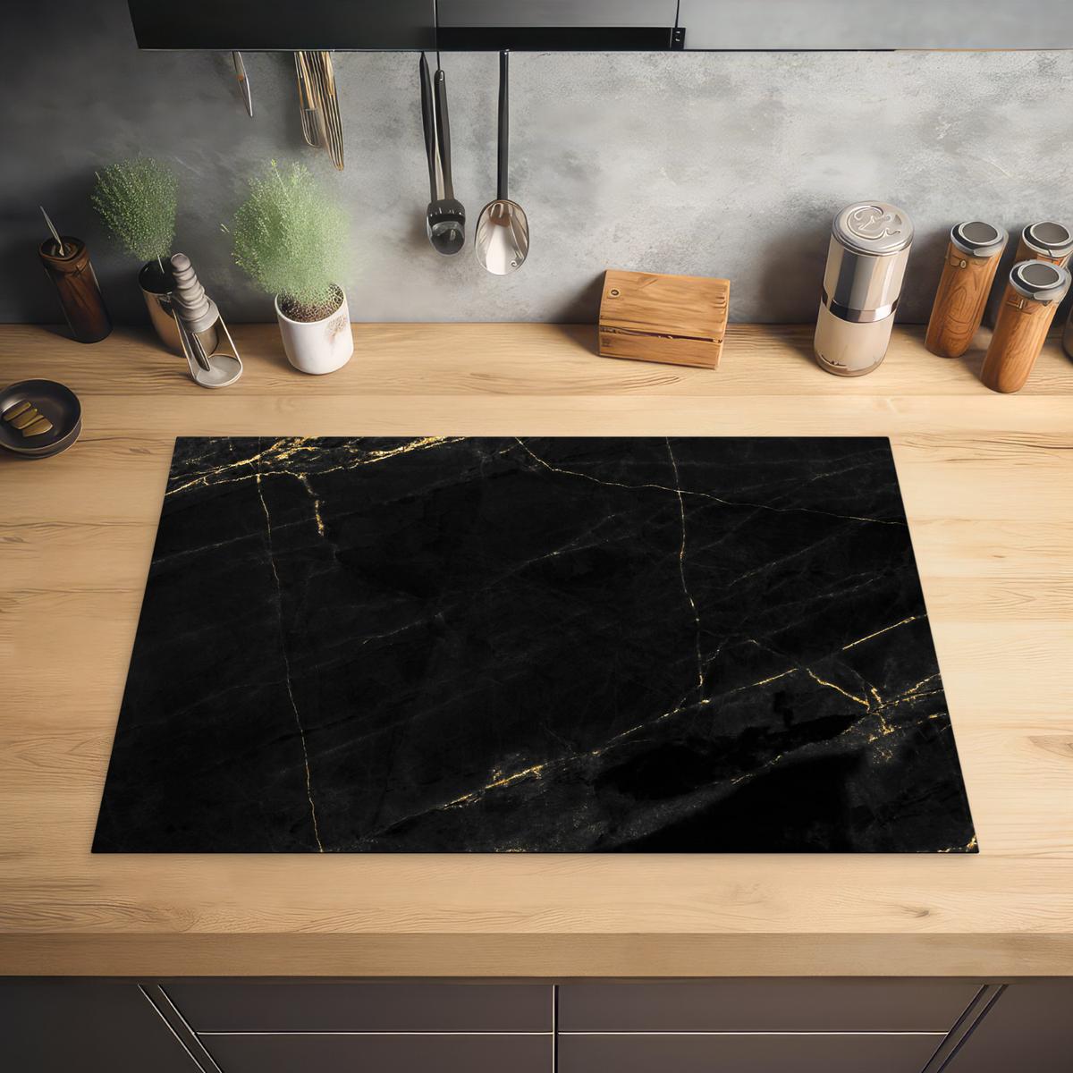 HERDABDECKPLATTE Marmor - Schwarz - Gold - Chic - Marmoroptik - Design Induktionsmatte 77x51 cm - Schwarz, Kunststoff (77/51/0.2cm) - MuchoWow
