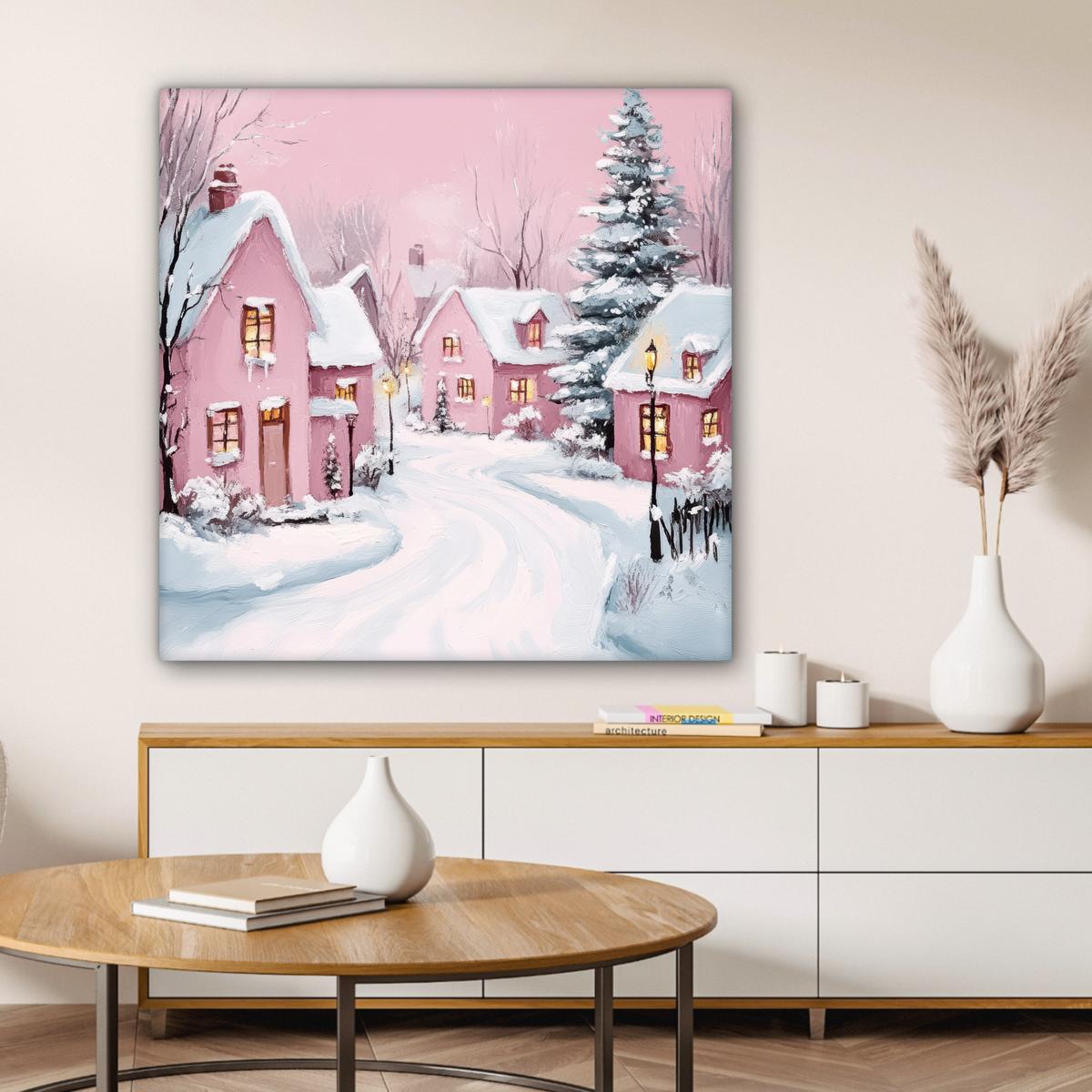 LEINWANDBILD Weihnachtsdorf - Rosa - Winter - Schnee - Häuser Deko Groß 90x90 cm - Altrosa, Textil (90/90cm) - MuchoWow