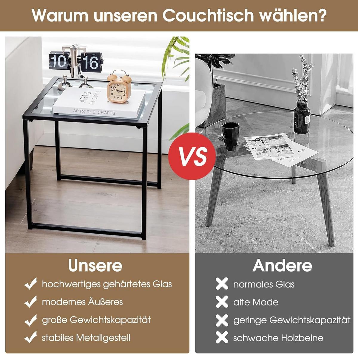 BEISTELLTISCH Schwarz - Schwarz, Glas (43/43/45cm) - COSTWAY