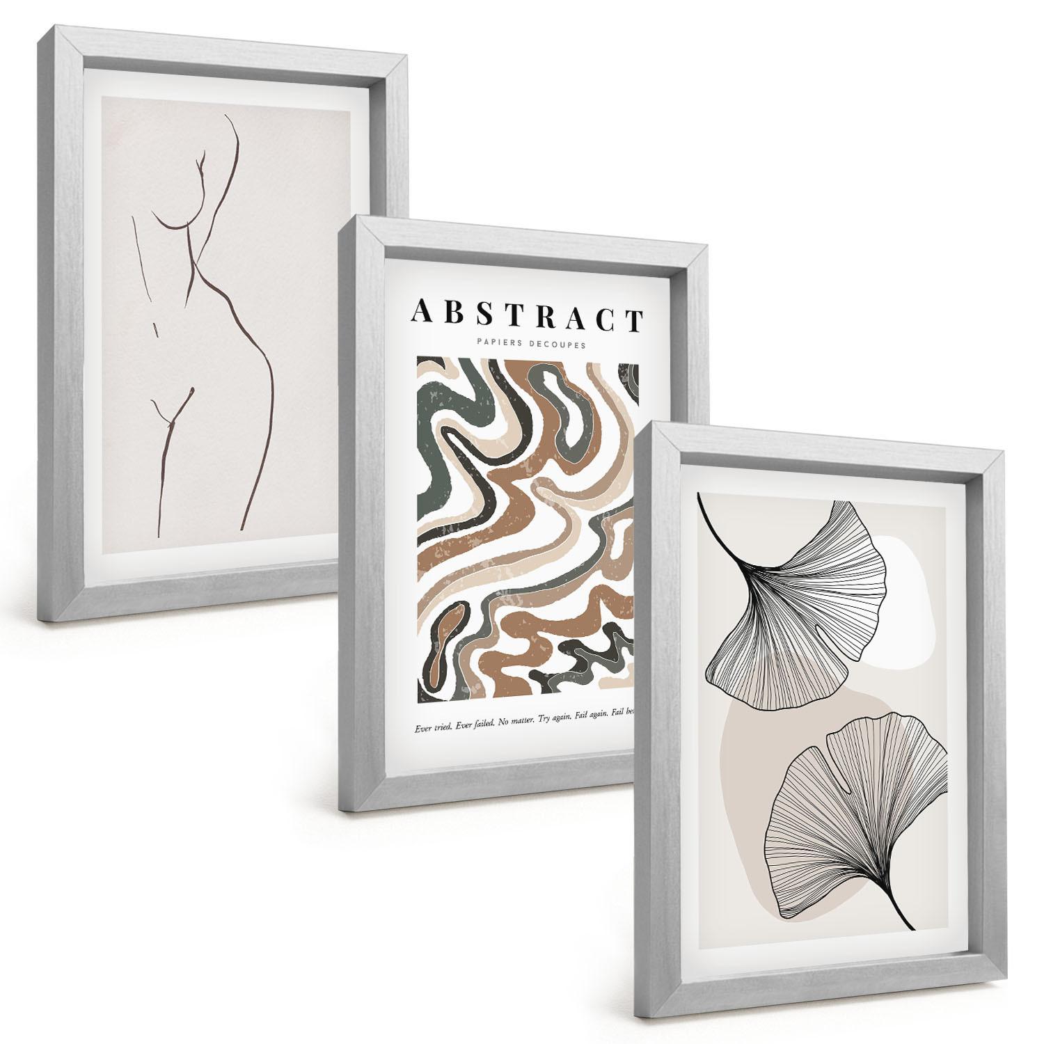 BILDER SET 3er Set - 20x30 cm Silberner Rahmen - Abstrakte Boho-Musterformen - Silberfarben, Kunststoff (20/30cm) - TULUP