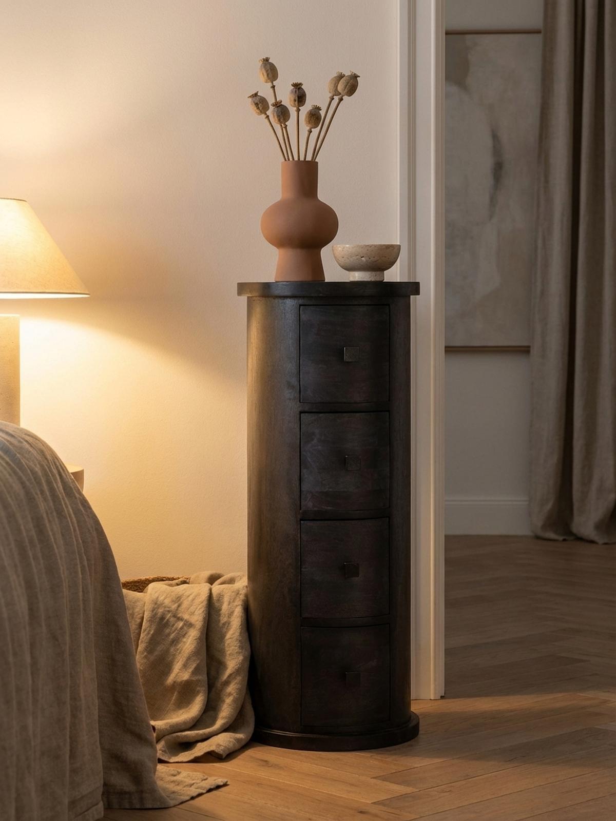KOMMODE – Mango Massivholz, 34x85x34 cm, 4 Schubladen, schmal, schwarz - Schwarz, Holz (34/85/34cm) - KADIMA DESIGN