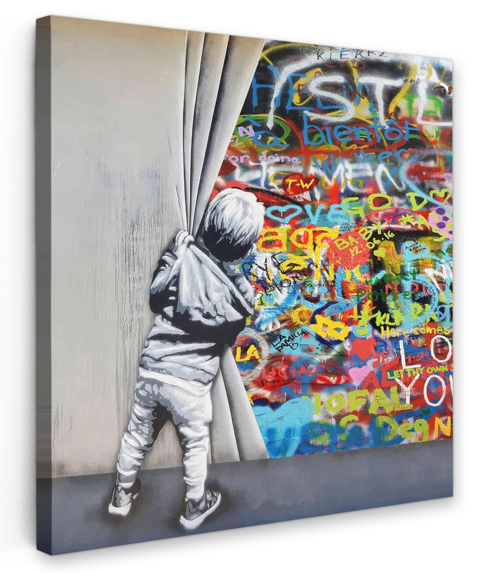 LEINWANDBILD Graffiti - Junge - Ilussie - Straßenkunst Deko Wohnzimmer 20x20 cm - Hellgrau, Textil (20/20cm) - MuchoWow