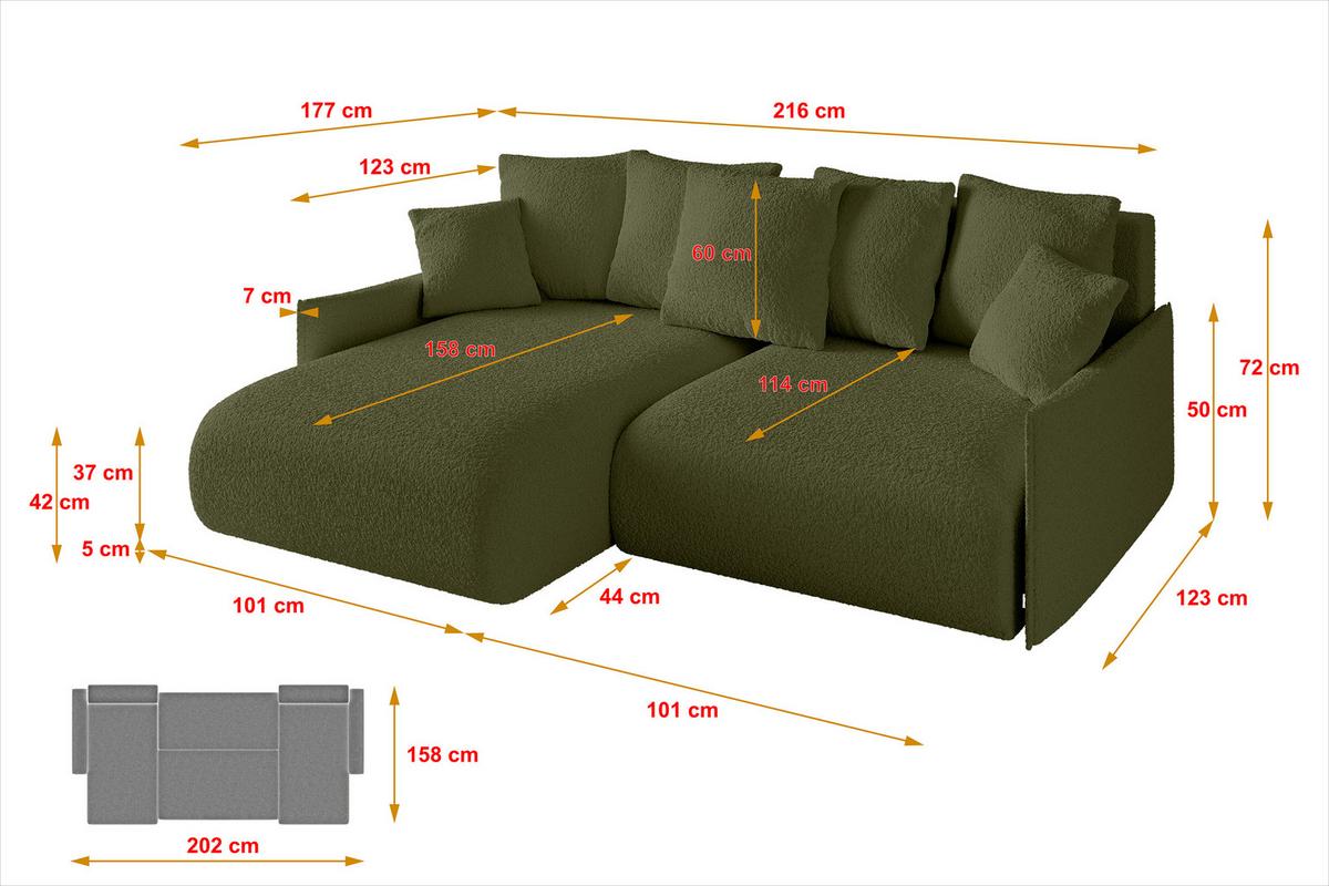 ECKSOFA Ottomane links ONESK-L -v1 216x177x72 Grün Bouclé - Olivgrün, Holzwerkstoff/Kunststoff (216/177cm) - ALTDECOR