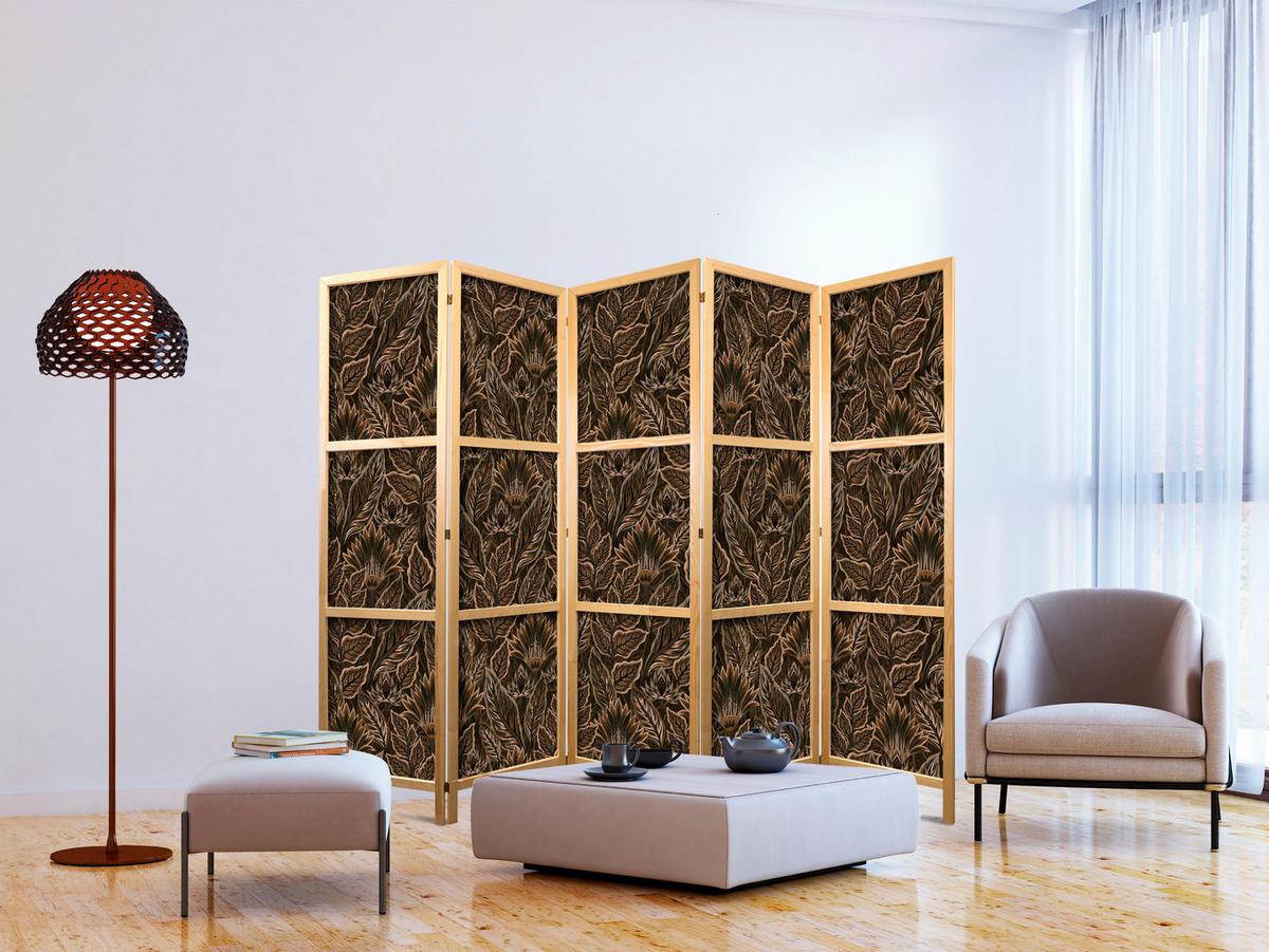 PARAVENT Japanischer 5-tlg 225x172 cm Braune Bl tter - Braun, Holz/Textil (225/172/3cm) - Muralo