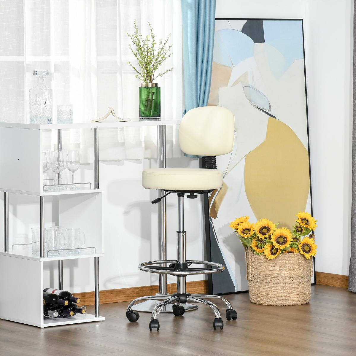 BARHOCKER Drehstuhl Höheverstellbarer Barstuhl mit Lehne aus Kunstleder-Leder - Beige, Kunststoff (57/104/56cm) - HOMCOM