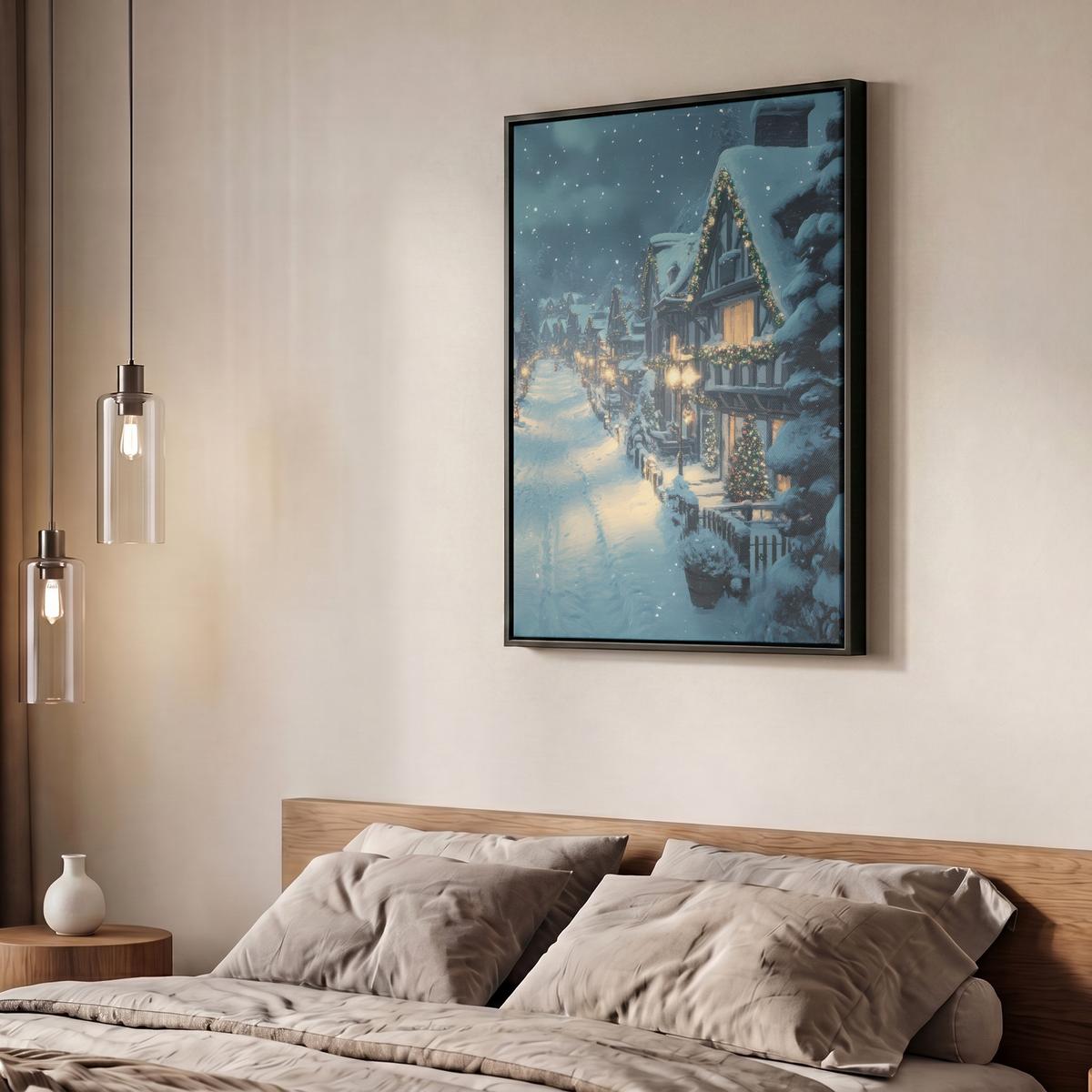 LEINWAND Bilder mit Rahmen - Weihnachtsdorf - Weihnachten - Schnee - Winter - 50x70 - Dunkelblau, Textil (50/70cm) - MuchoWow